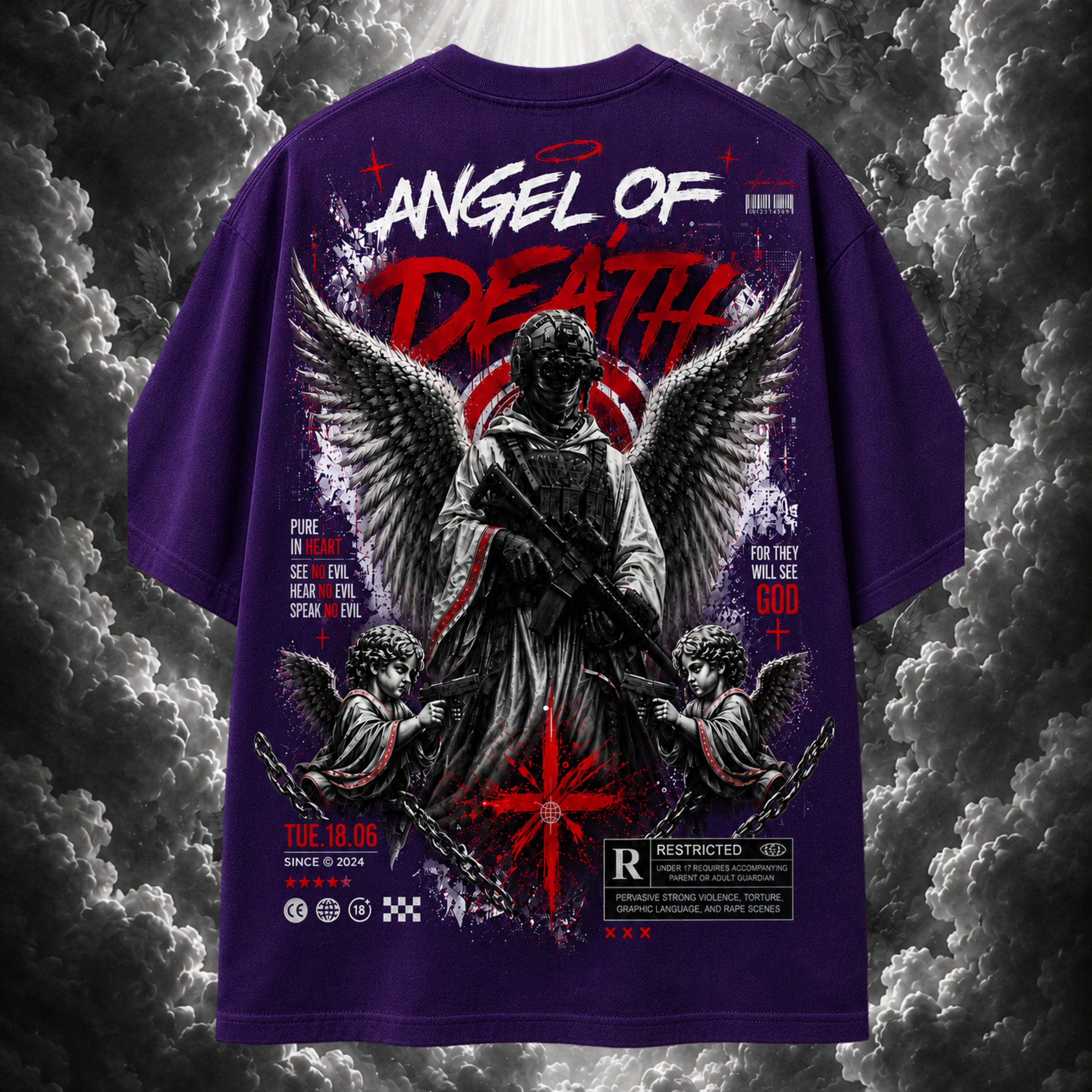 Purple t-shirt with 'Angel of Death' graphic design on a dark, cloud-like background