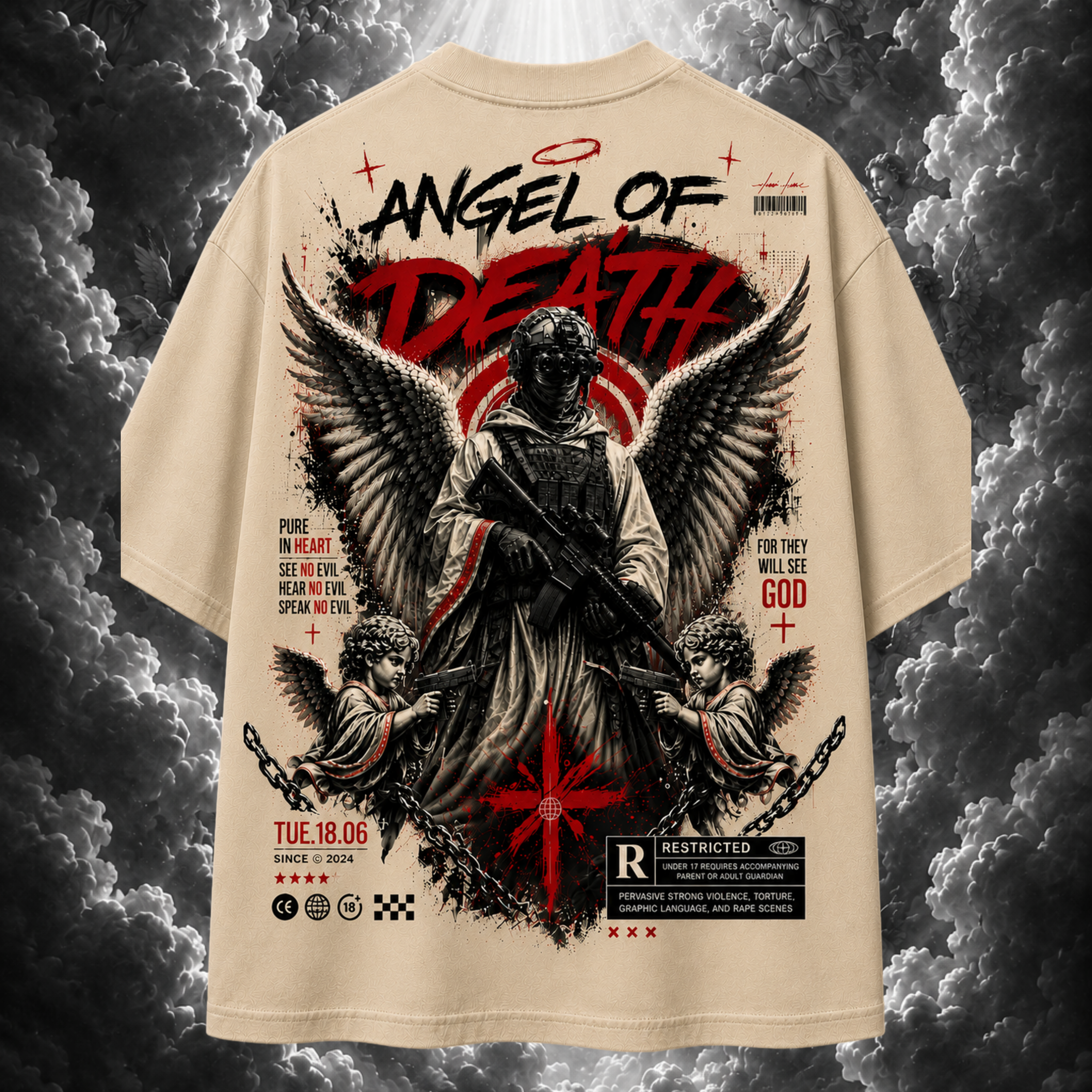 Beige t-shirt with 'Angel of Death' graphic design on a dark, cloud-like background