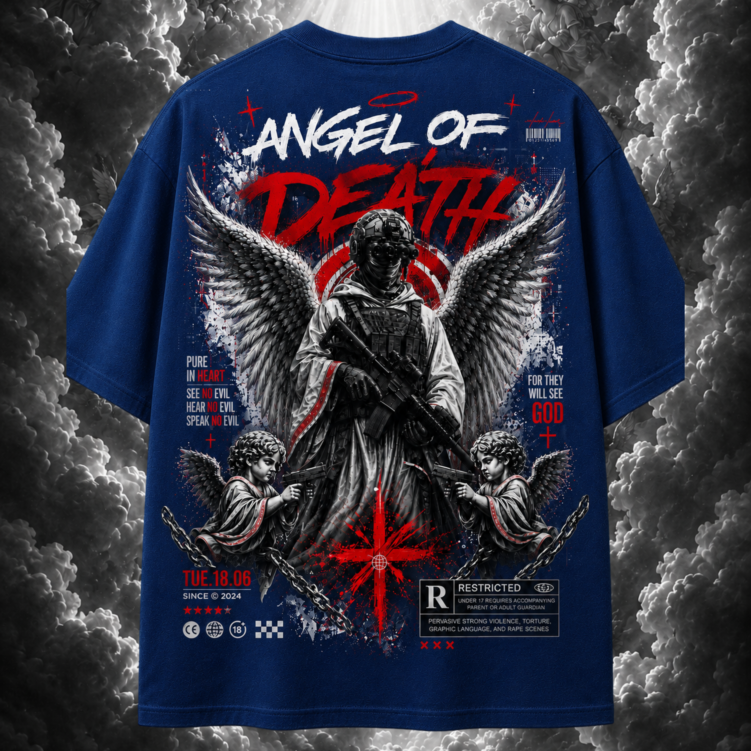 Blue t-shirt with an angel of death graphic on a textured gray background