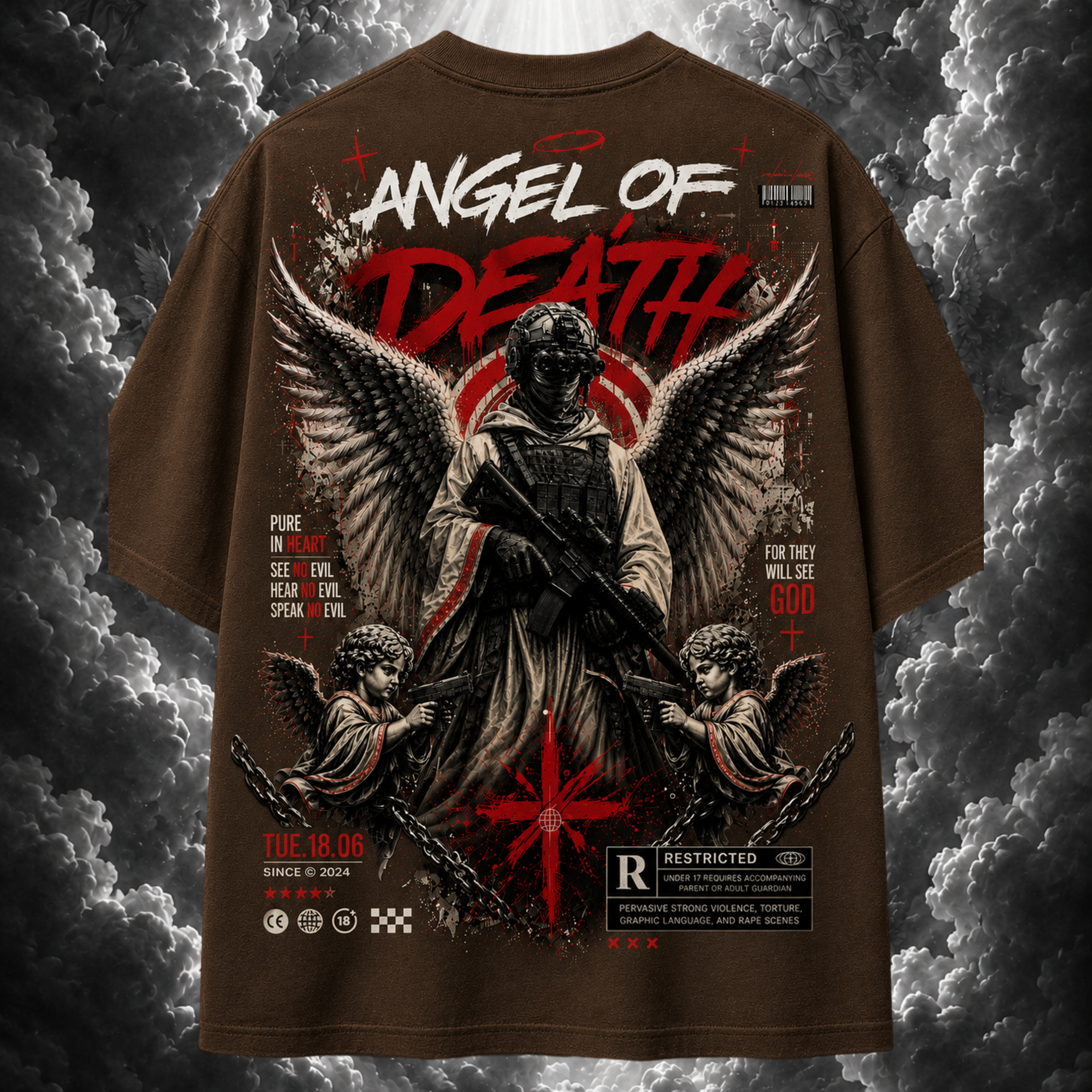 T-shirt with an 'Angel of Death' design on a dark, cloud-like background