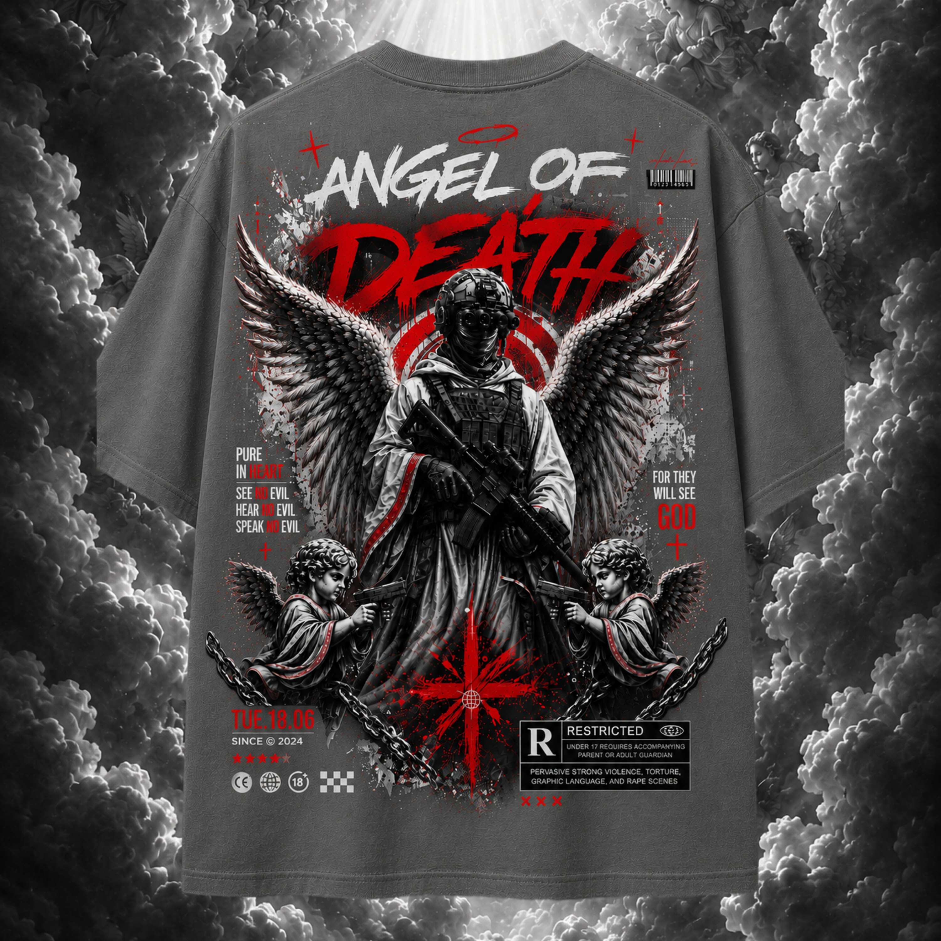 T-shirt with 'Angel of Death' graphic design on a cloud background