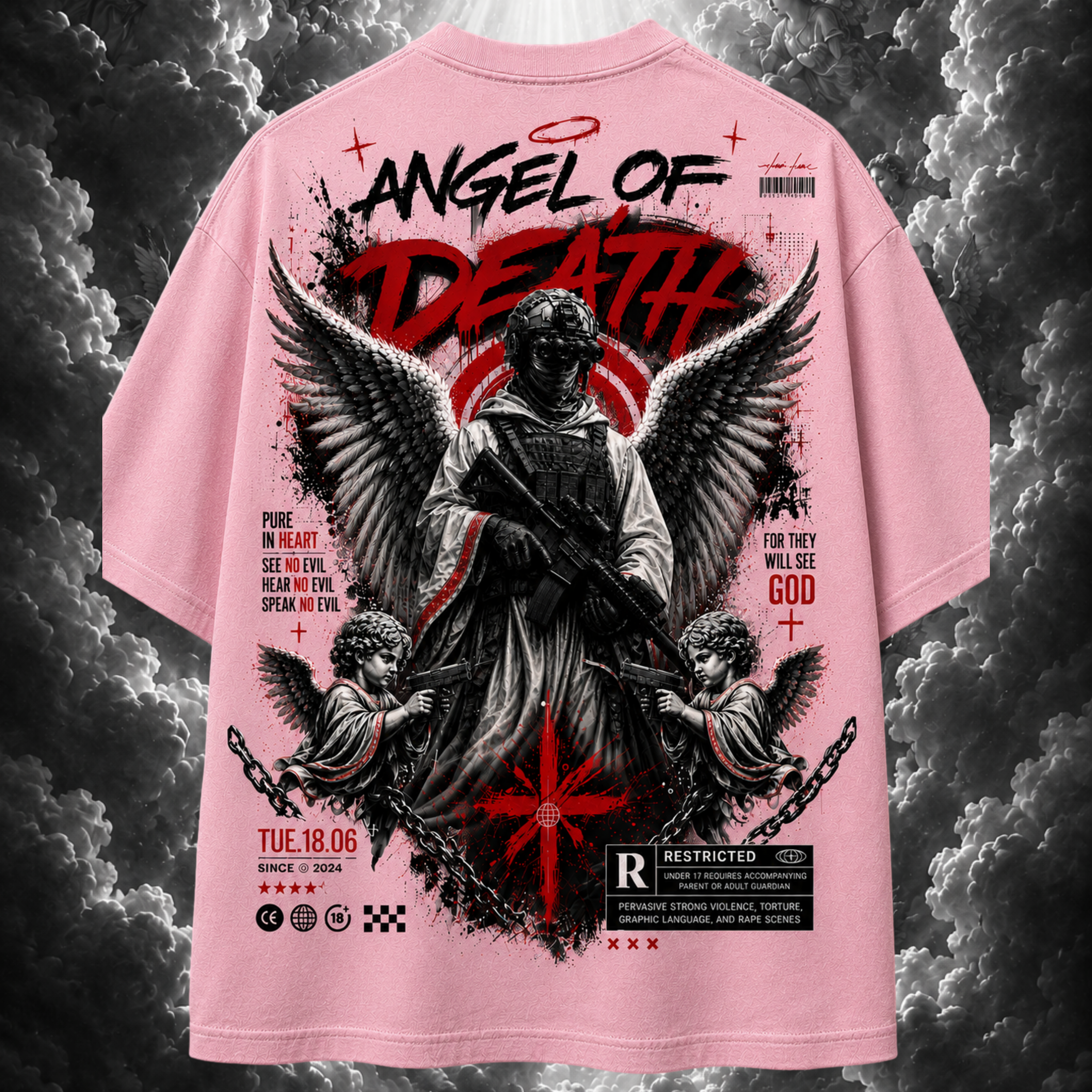 Pink t-shirt with 'Angel of Death' graphic design on a dark cloud background