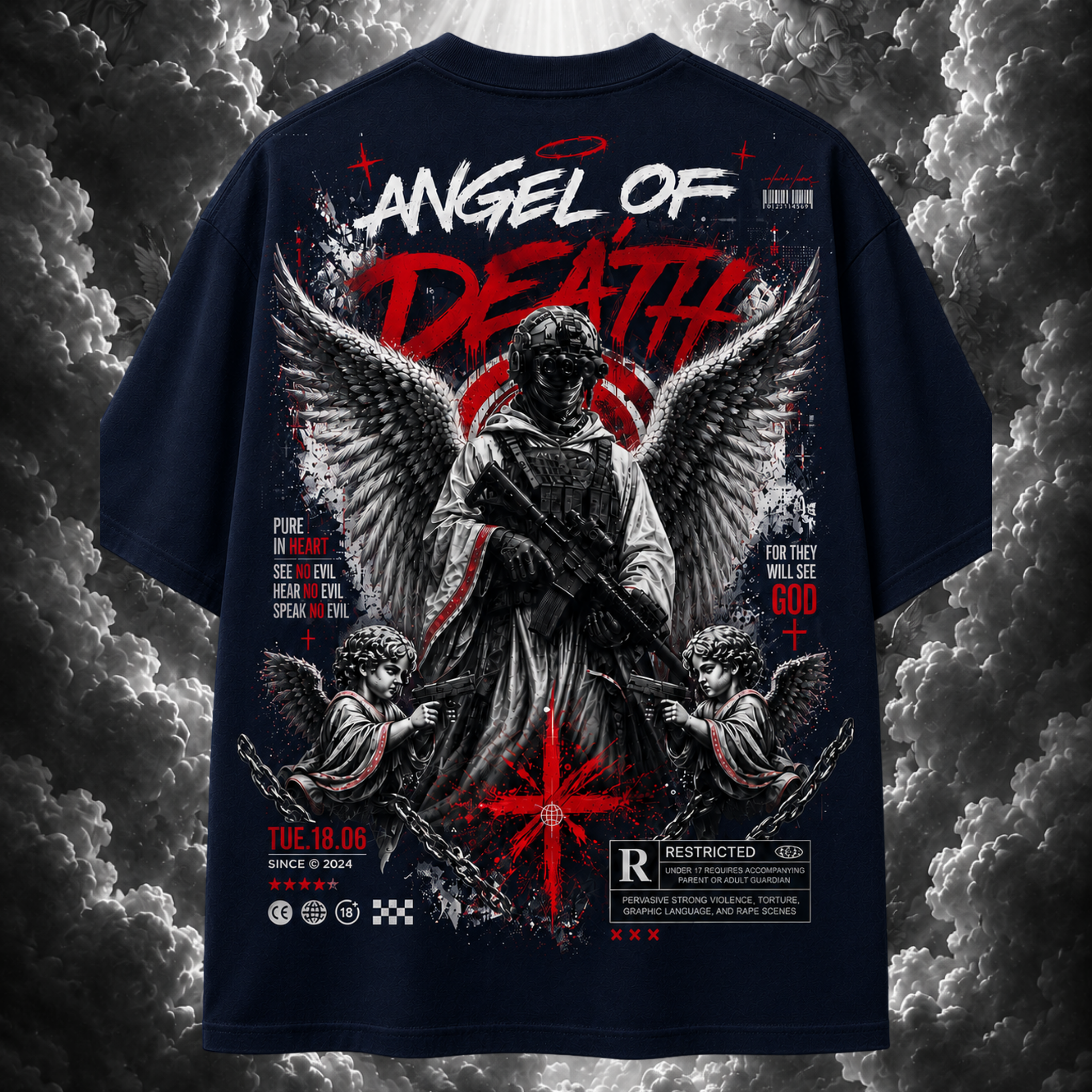 Navy blue t-shirt with 'Angel of Death' graphic design on a cloud background
