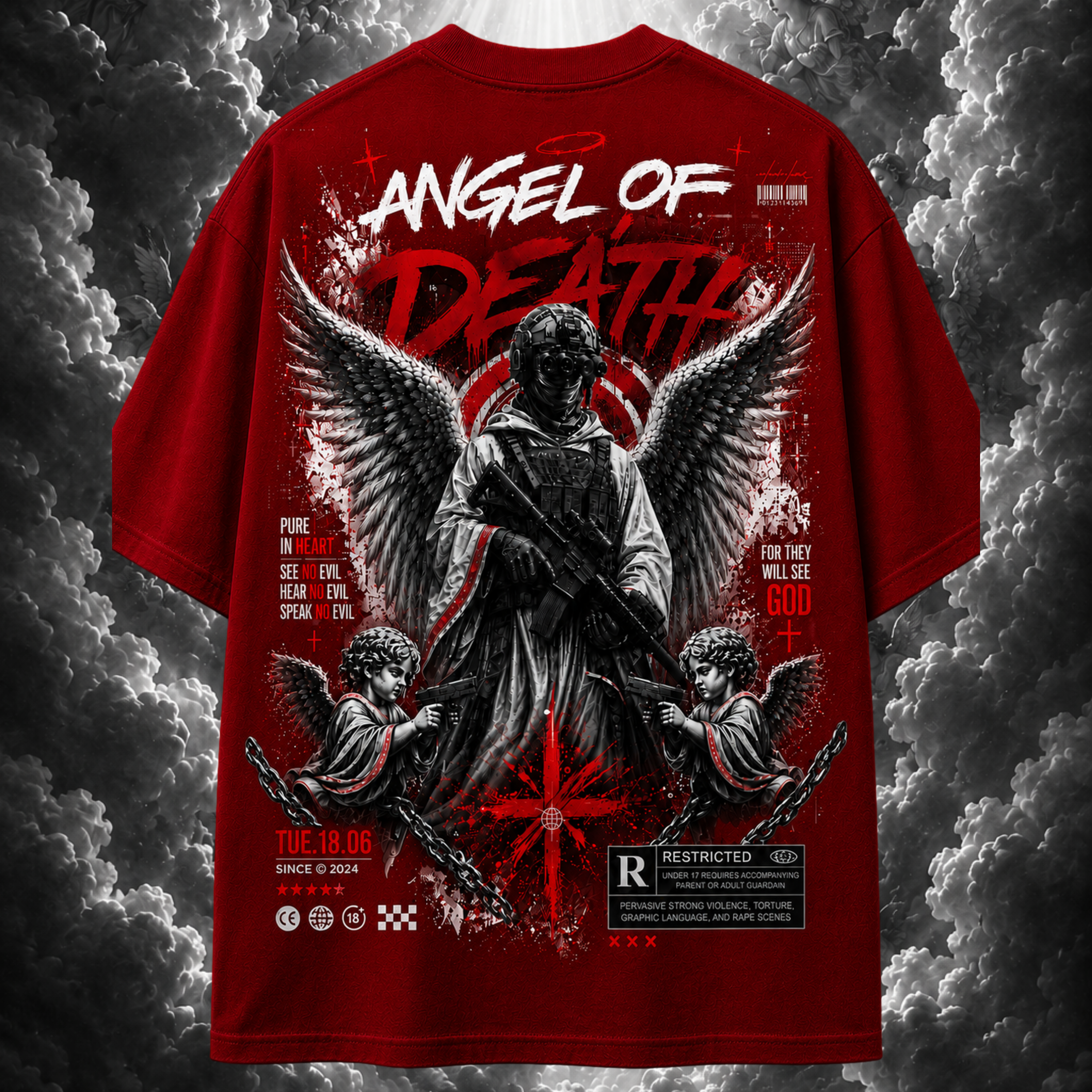 Red t-shirt with graphic design of an 'Angel of Death' on a dark, cloud-like background