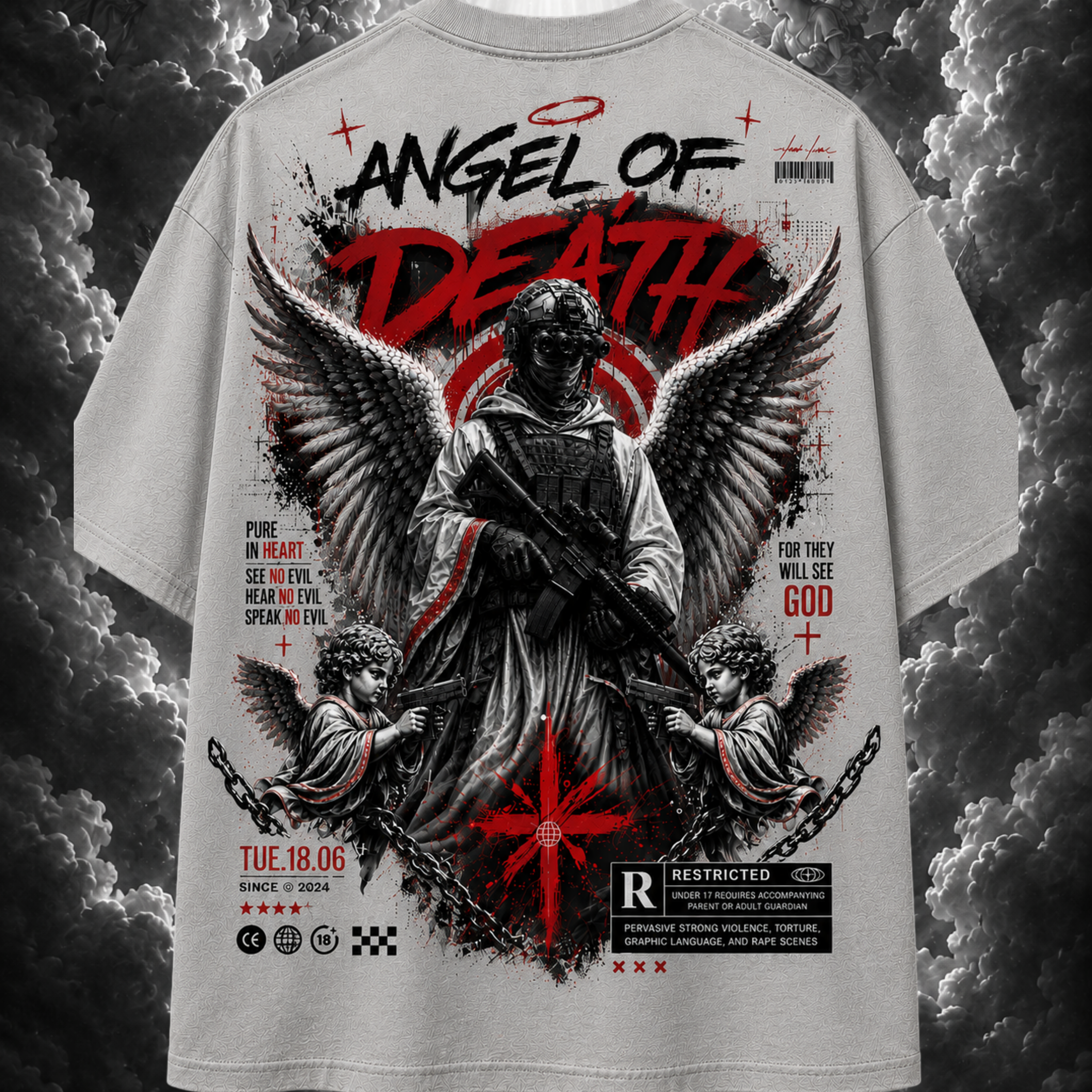 T-shirt with 'Angel of Death' graphic design on a cloudy background