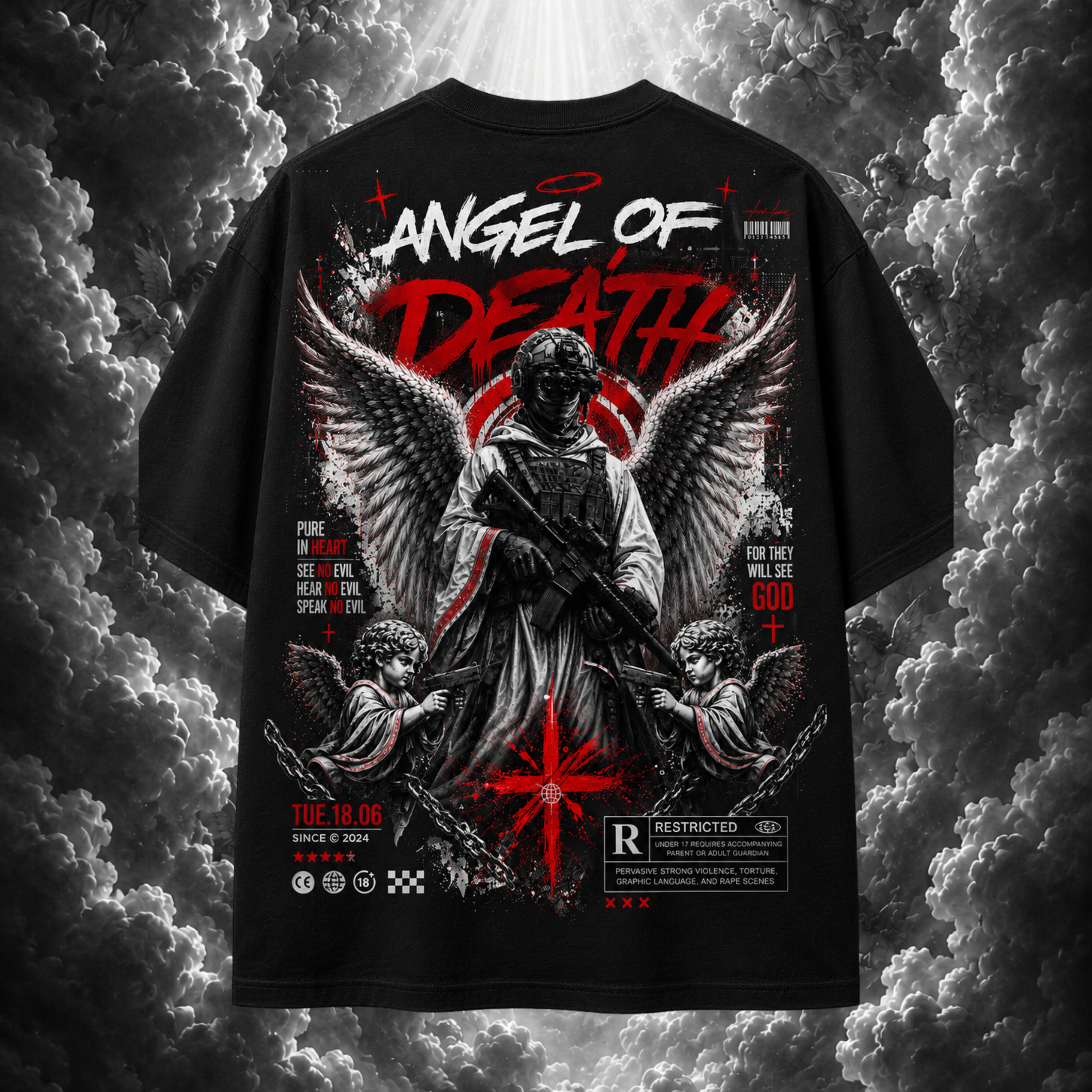 Black t-shirt with 'Angel of Death' graphic design on a cloud background