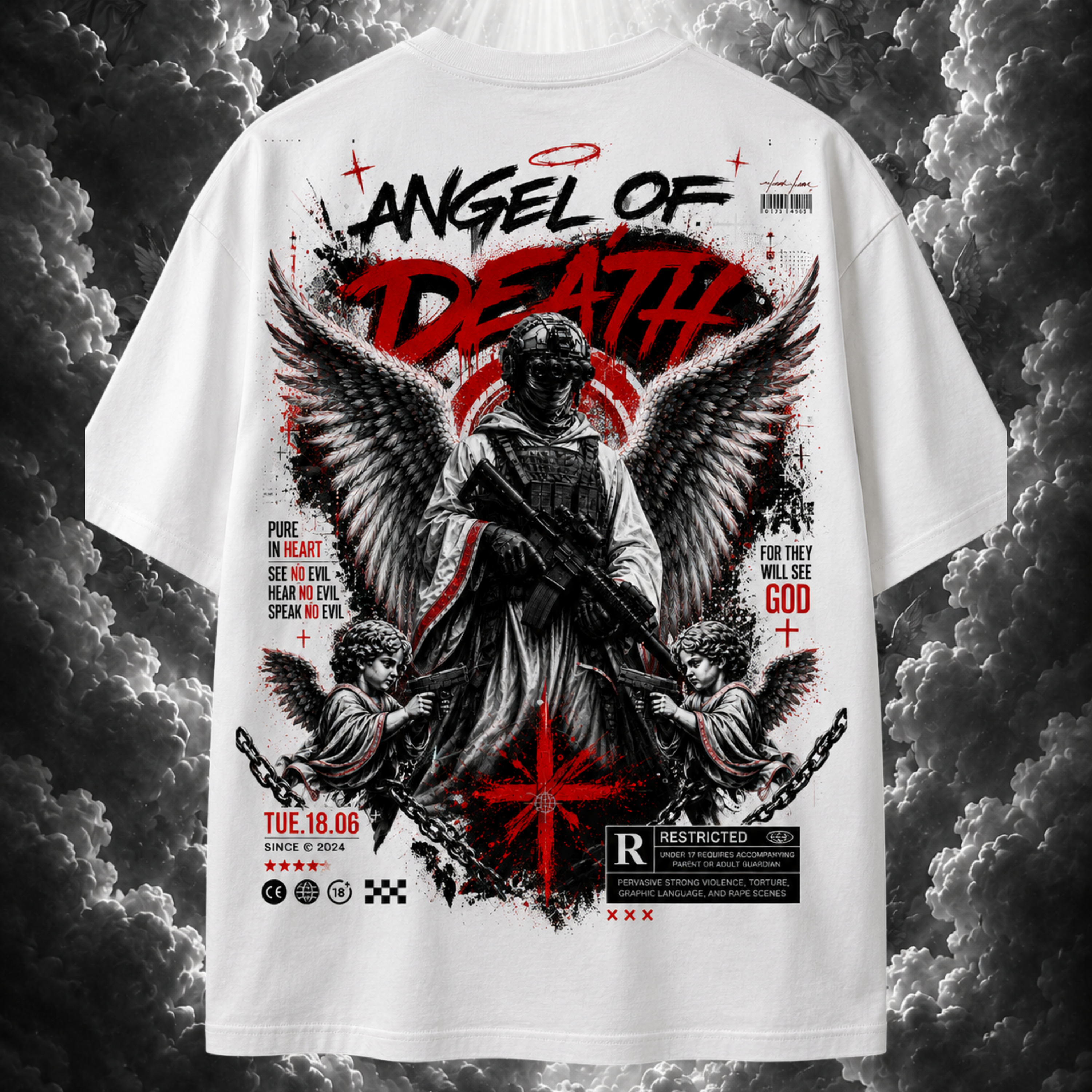 T-shirt with 'Angel of Death' graphic design on a dark cloud background
