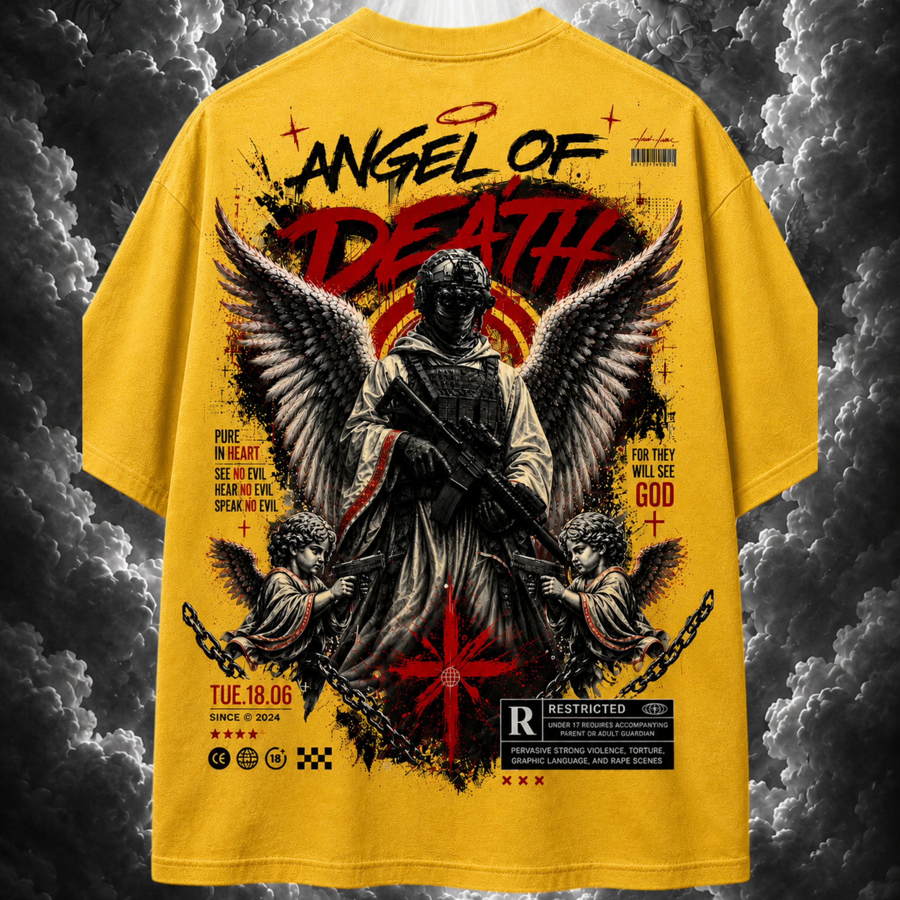 Yellow t-shirt with 'Angel of Death' graphic design on a dark cloud background