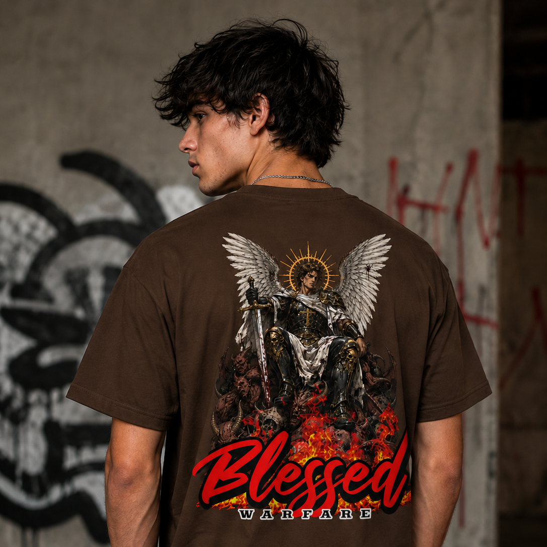 Blessed Warfare Chains of Judgment T-shirt featuring an angel sitting on a demon throne, detailed graphic design.