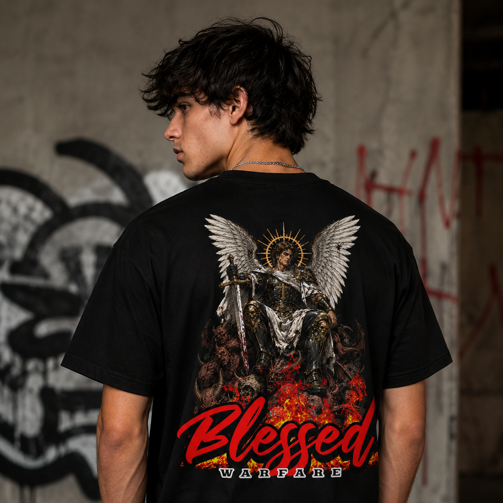 Black Blessed Warfare T-Shirt featuring an angel sitting on a demon throne with detailed artwork.
