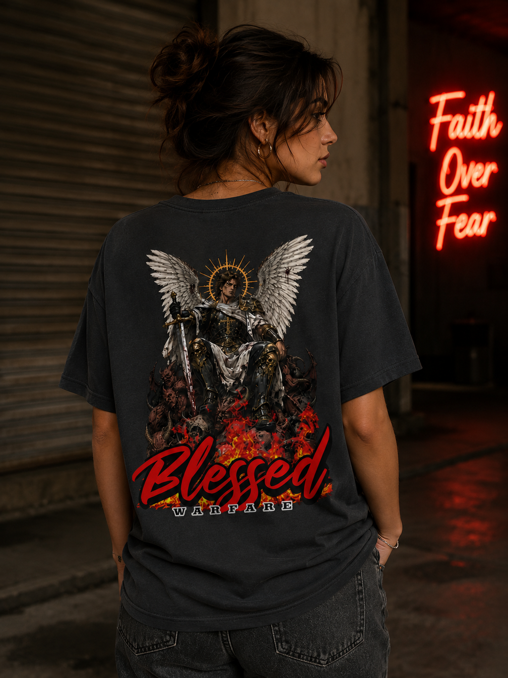 Blessed Warfare Chains of Judgment T-Shirt featuring bold graphic design and branding on a black cotton tee.