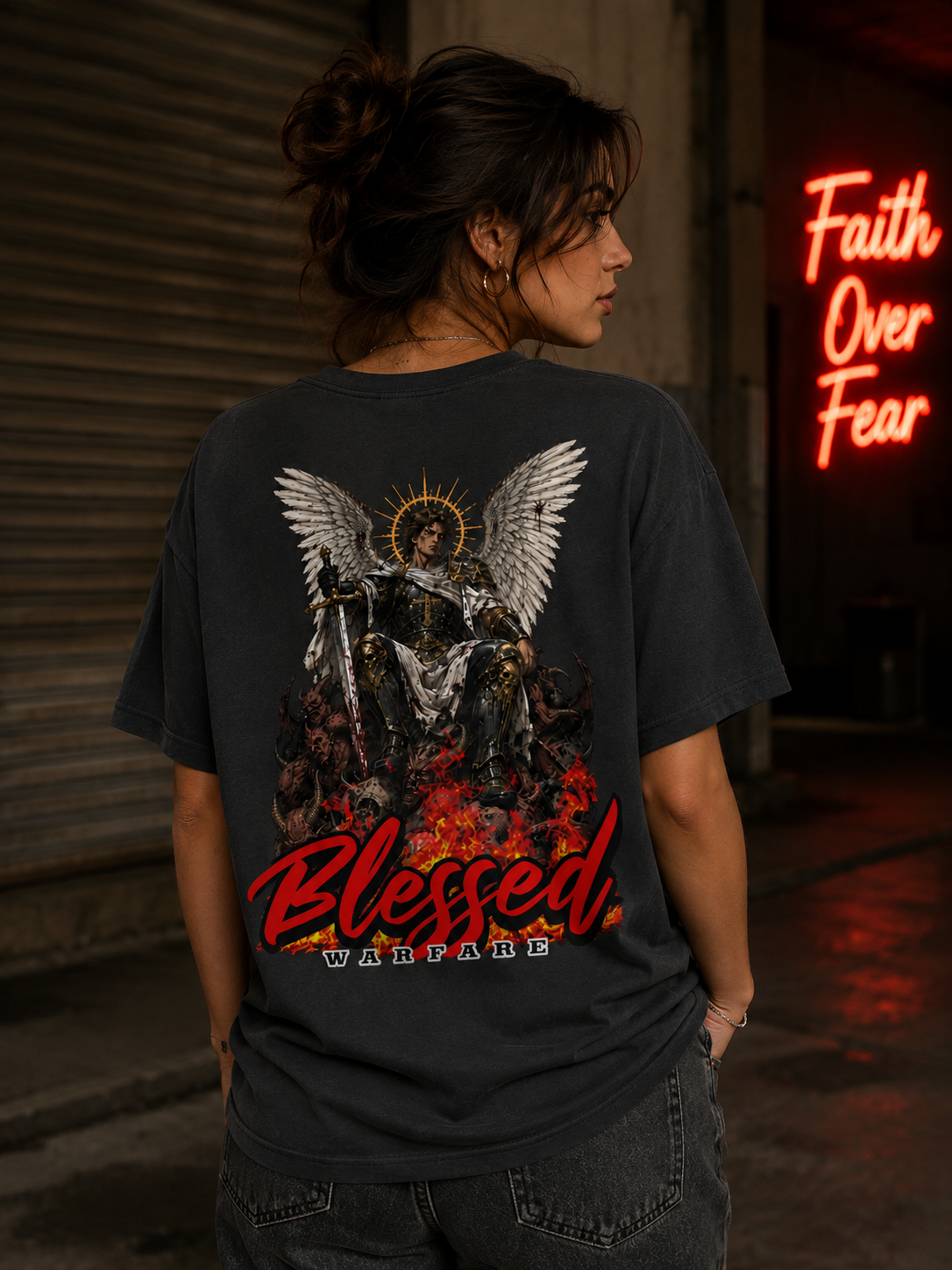 Blessed Warfare Chains of Judgment T-Shirt featuring bold graphic design and branding on a black cotton tee.