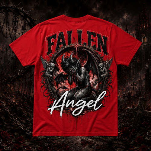 Red t-shirt with 'Fallen Angel' graphic design on a dark background