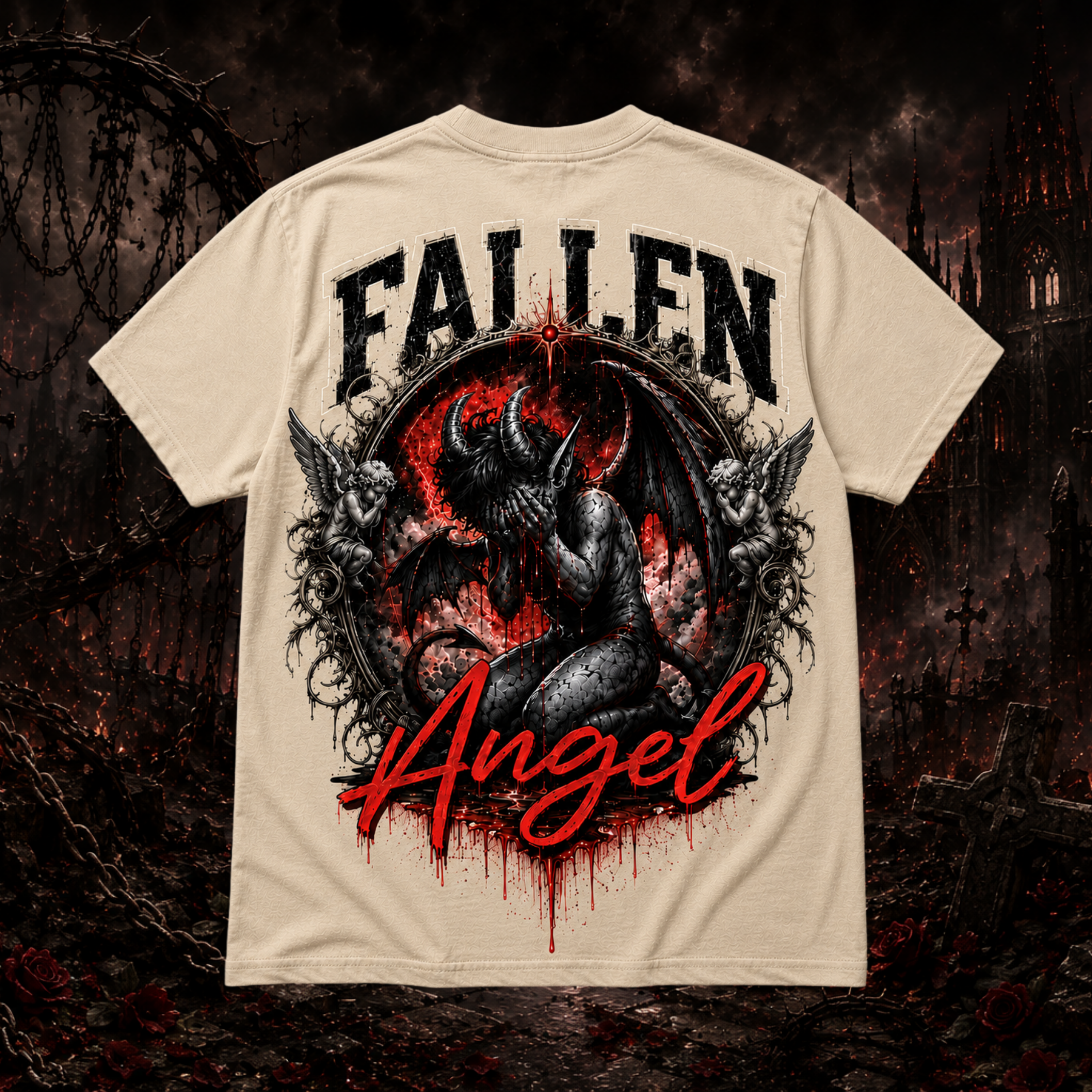 Beige Fallen Angel graphic T-shirt by Faithful Designs, featuring dark fantasy demon artwork on a unisex streetwear shirt.