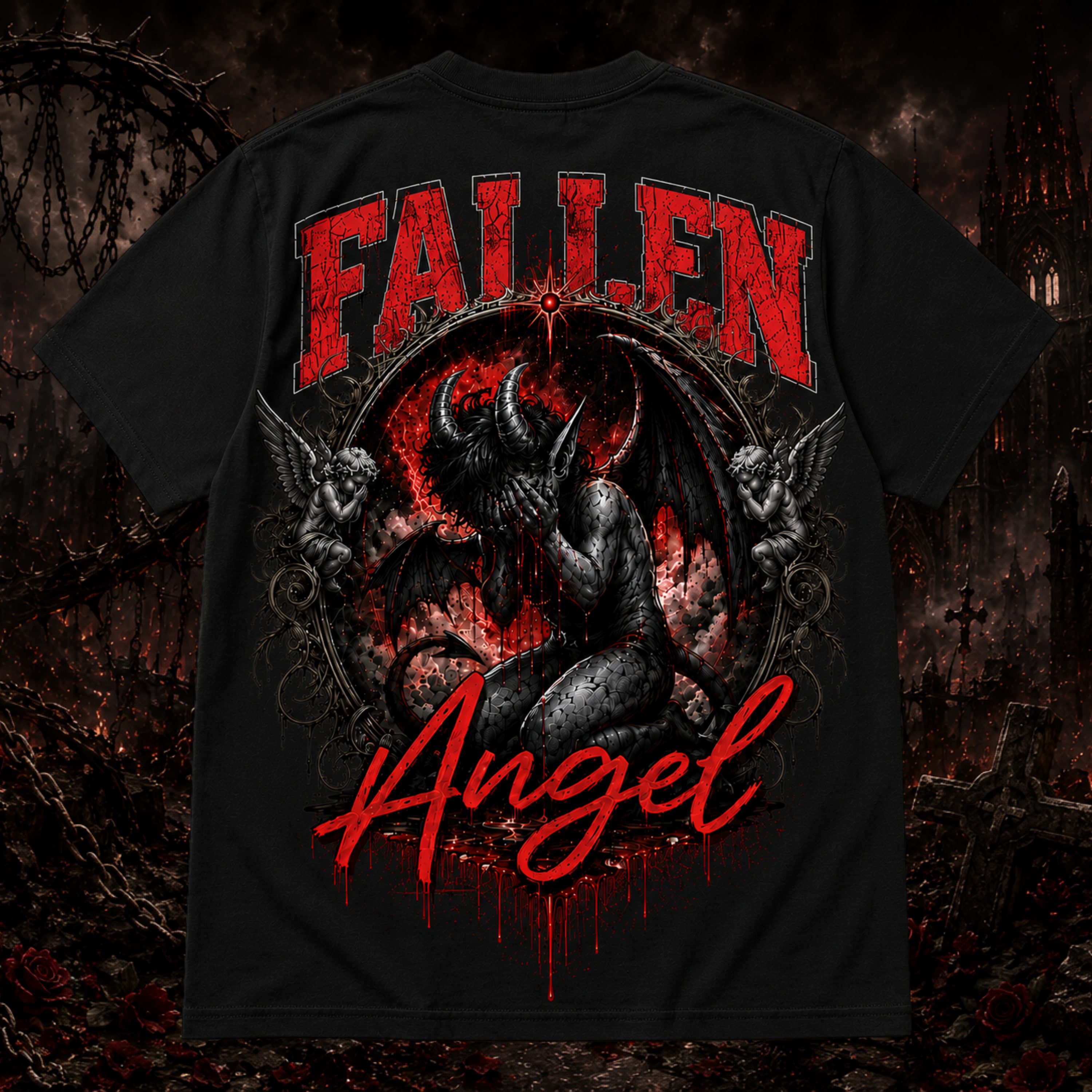 Black Fallen Angel graphic T-shirt by Faithful Designs featuring dark fantasy demon artwork, unisex streetwear style.