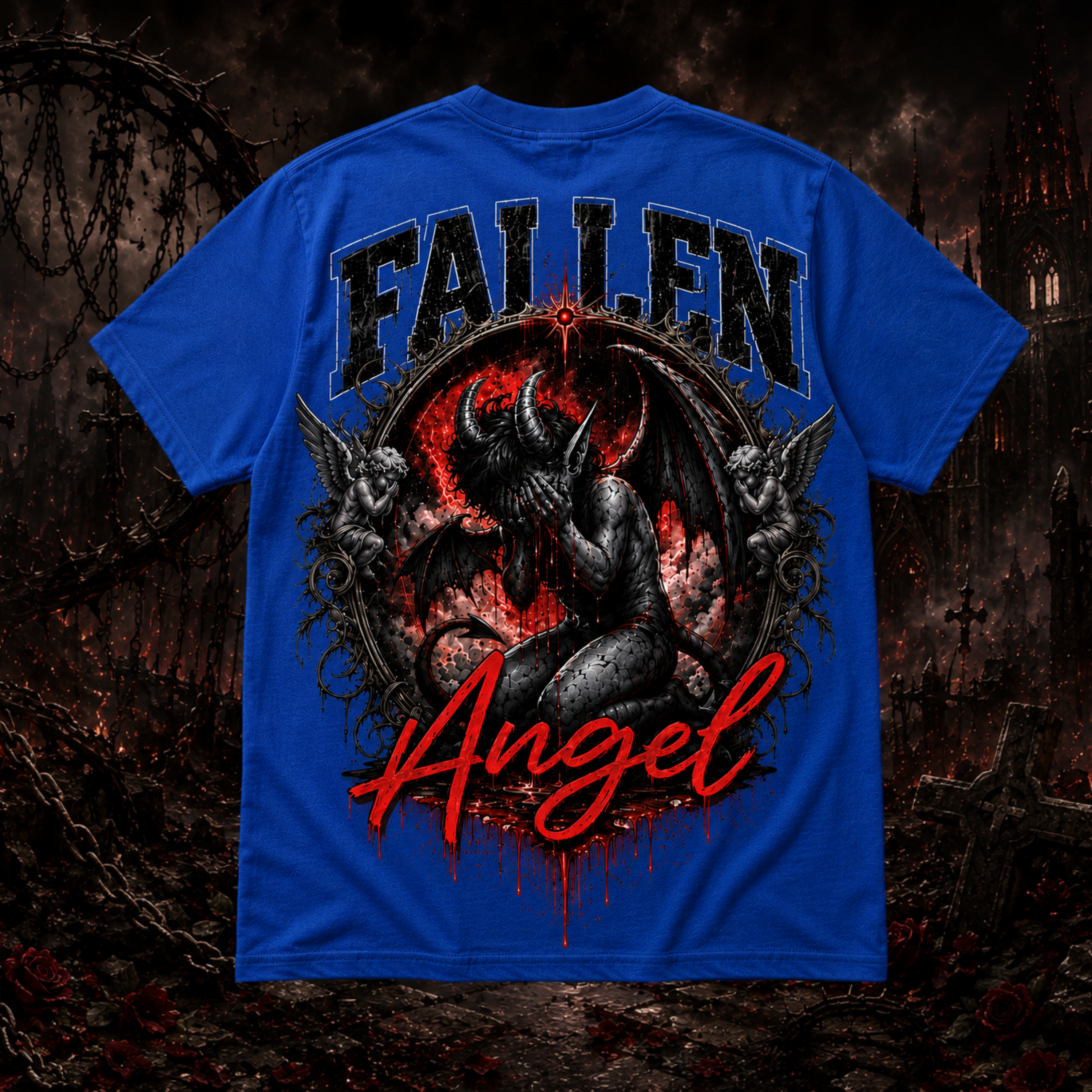 Blue Fallen Angel graphic T-shirt by Faithful Designs featuring dark fantasy demon artwork on a unisex streetwear shirt.