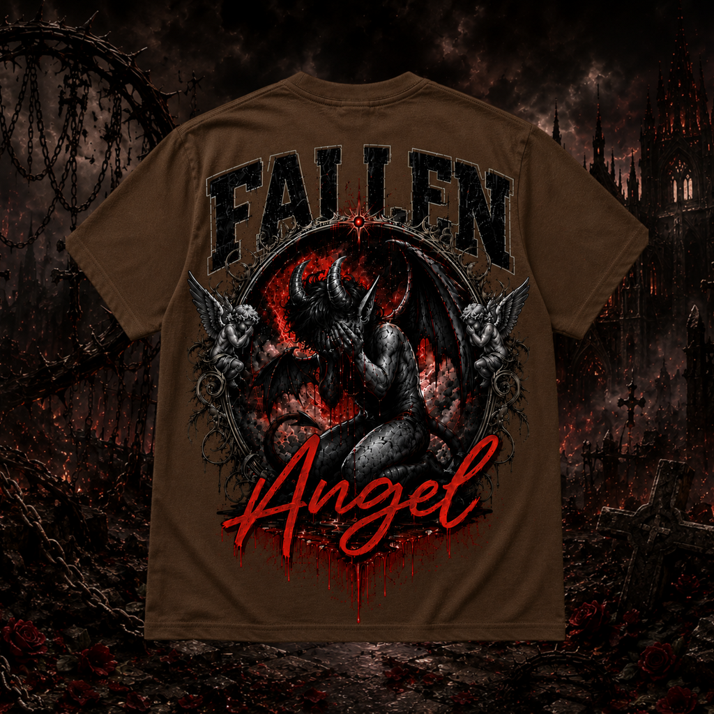 Brown Fallen Angel graphic T-shirt by Faithful Designs featuring dark fantasy demon artwork on a unisex streetwear tee.