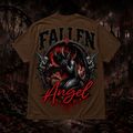 Brown Fallen Angel graphic T-shirt by Faithful Designs featuring dark fantasy demon artwork on a unisex streetwear tee.