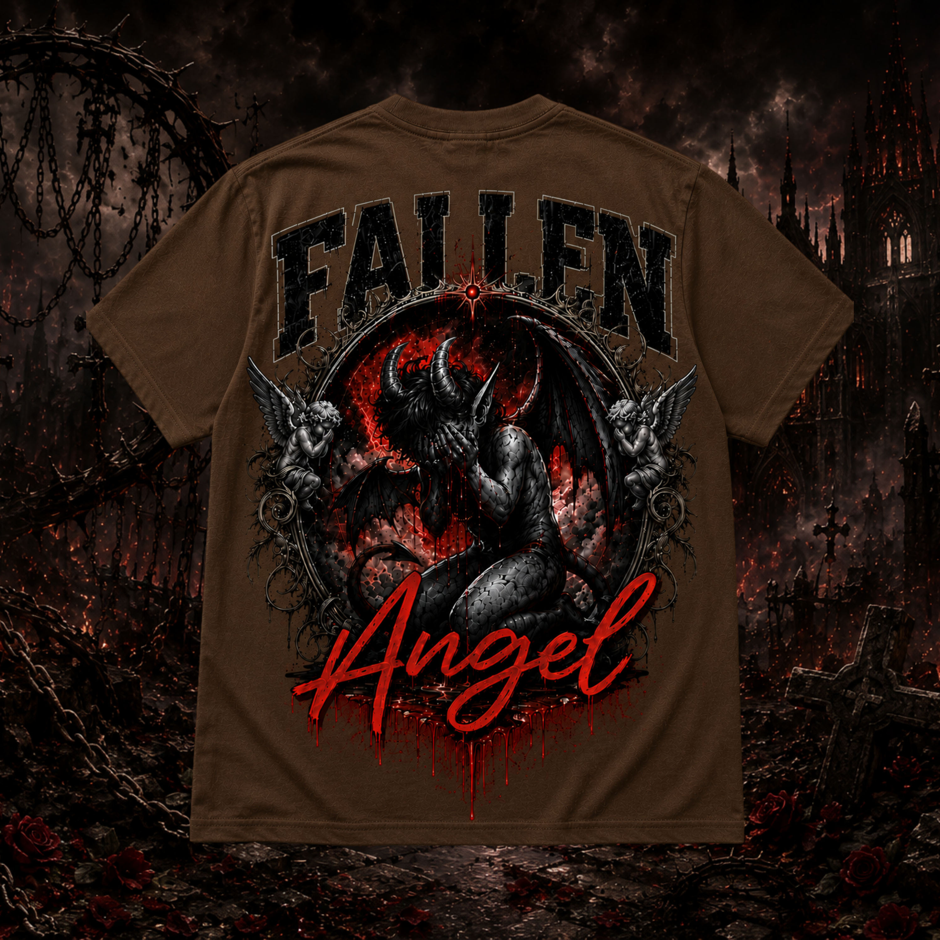 Brown Fallen Angel graphic T-shirt by Faithful Designs featuring dark fantasy demon artwork on a unisex streetwear tee.