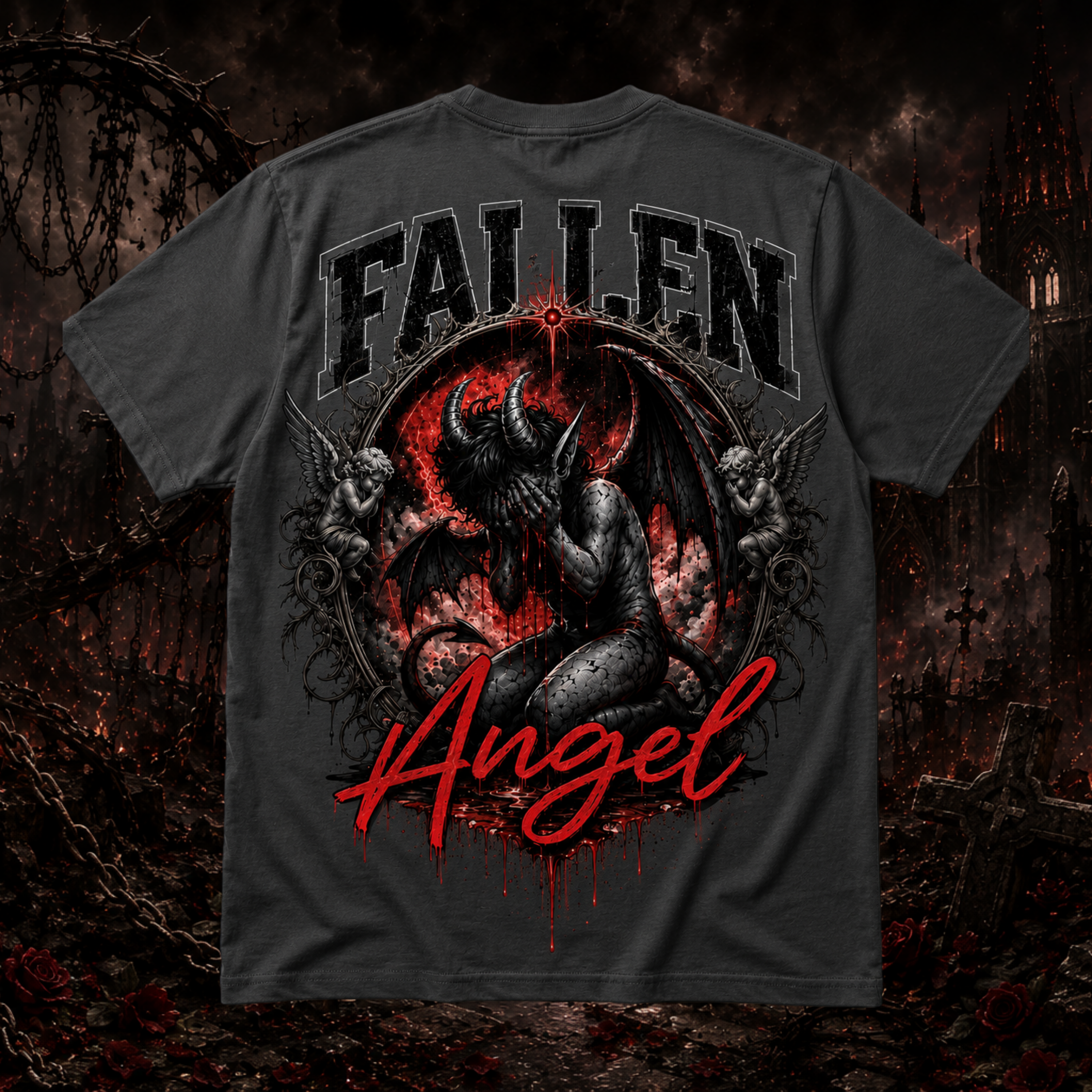 Gray Fallen Angel graphic T-shirt by Faithful Designs featuring dark fantasy demon streetwear style for unisex wear.