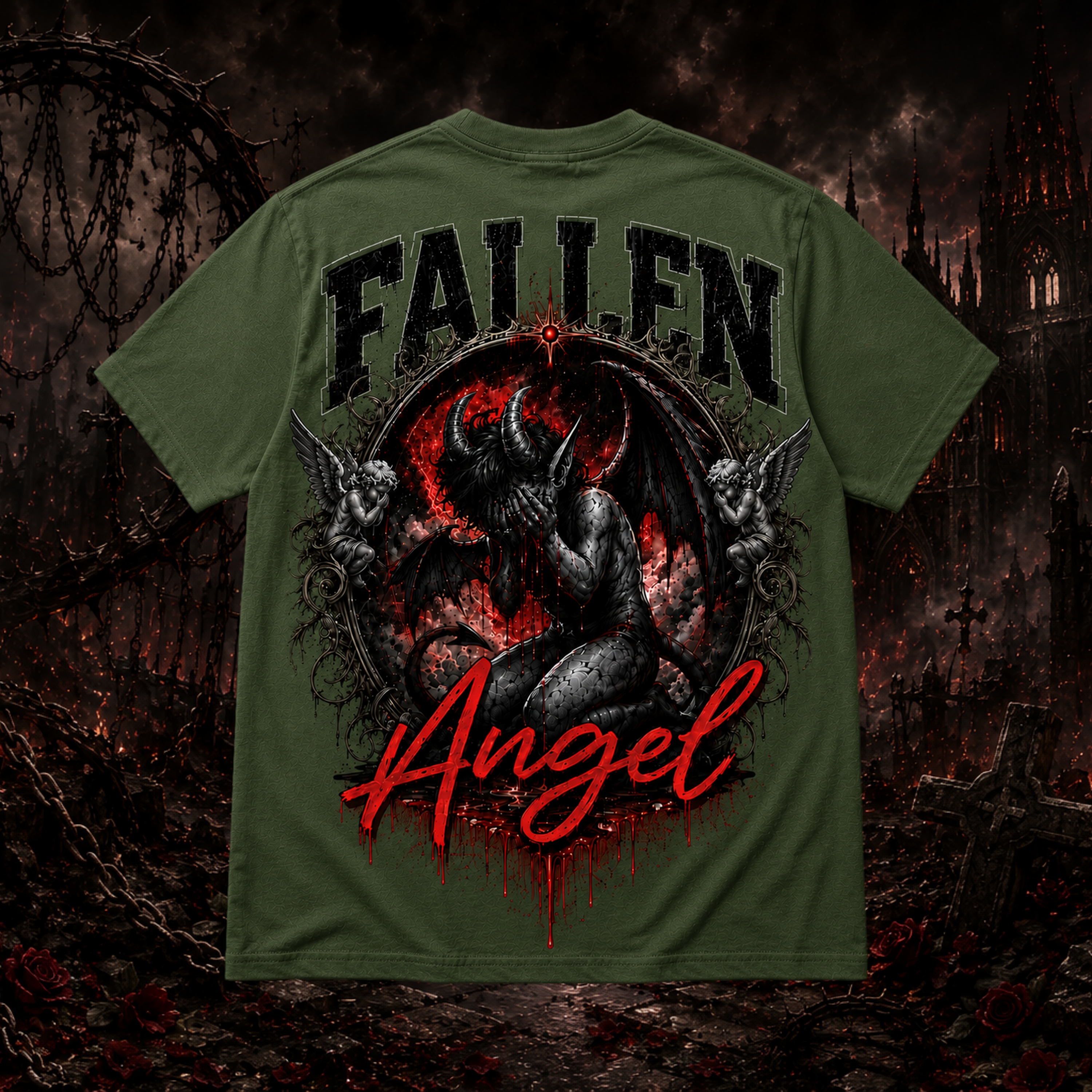 Green Fallen Angel graphic T-shirt by Faithful Designs featuring dark fantasy demon artwork, unisex streetwear style.