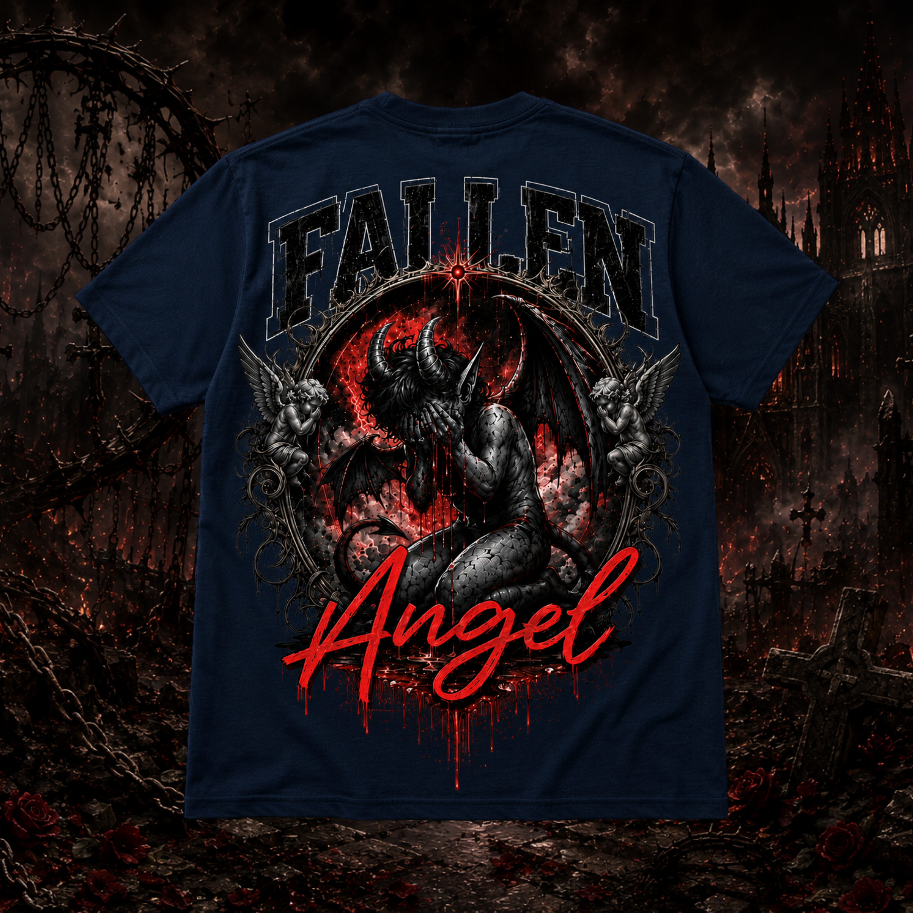Navy blue Fallen Angel graphic T-shirt by Faithful Designs featuring dark fantasy demon streetwear style, unisex fit.