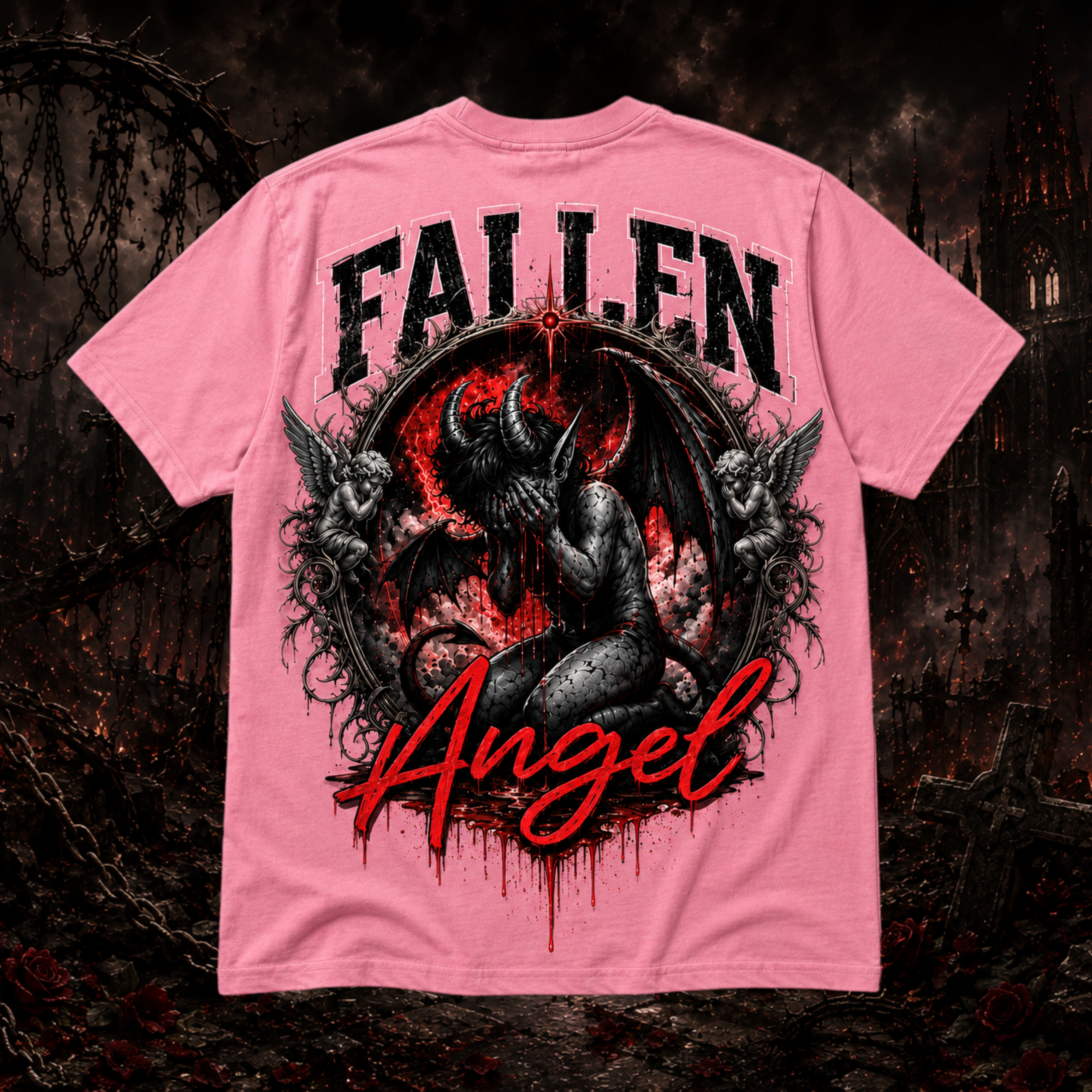 Pink Fallen Angel graphic T-shirt by Faithful Designs featuring dark fantasy demon streetwear style for unisex wear.