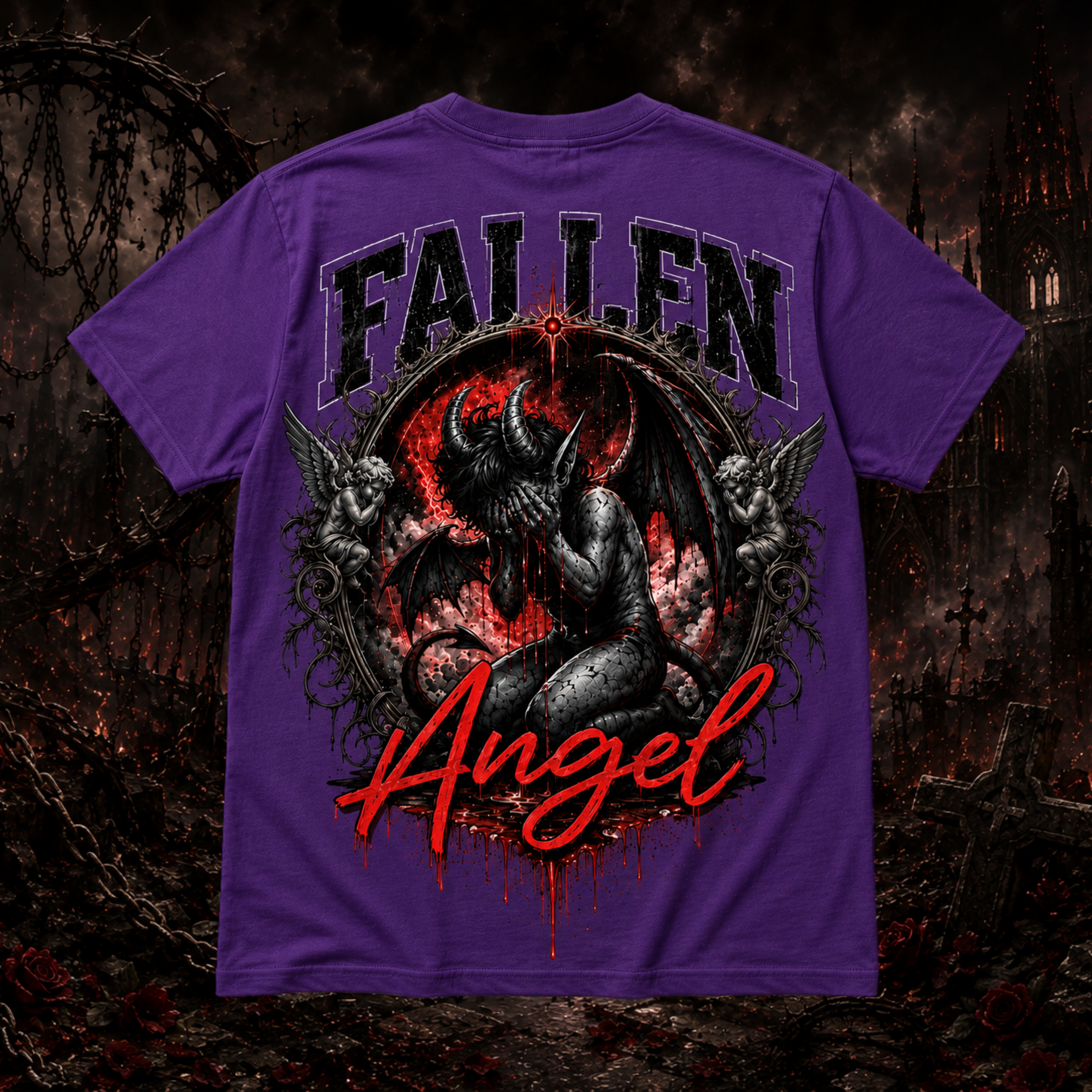 Purple Fallen Angel graphic T-shirt by Faithful Designs featuring dark fantasy demon artwork, unisex streetwear style.