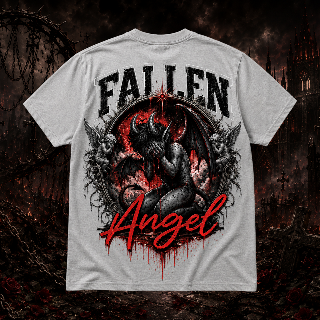 Unisex dark fantasy Fallen Angel graphic T-shirt by Faithful Designs featuring a silver demon-themed design on a streetwear shirt.