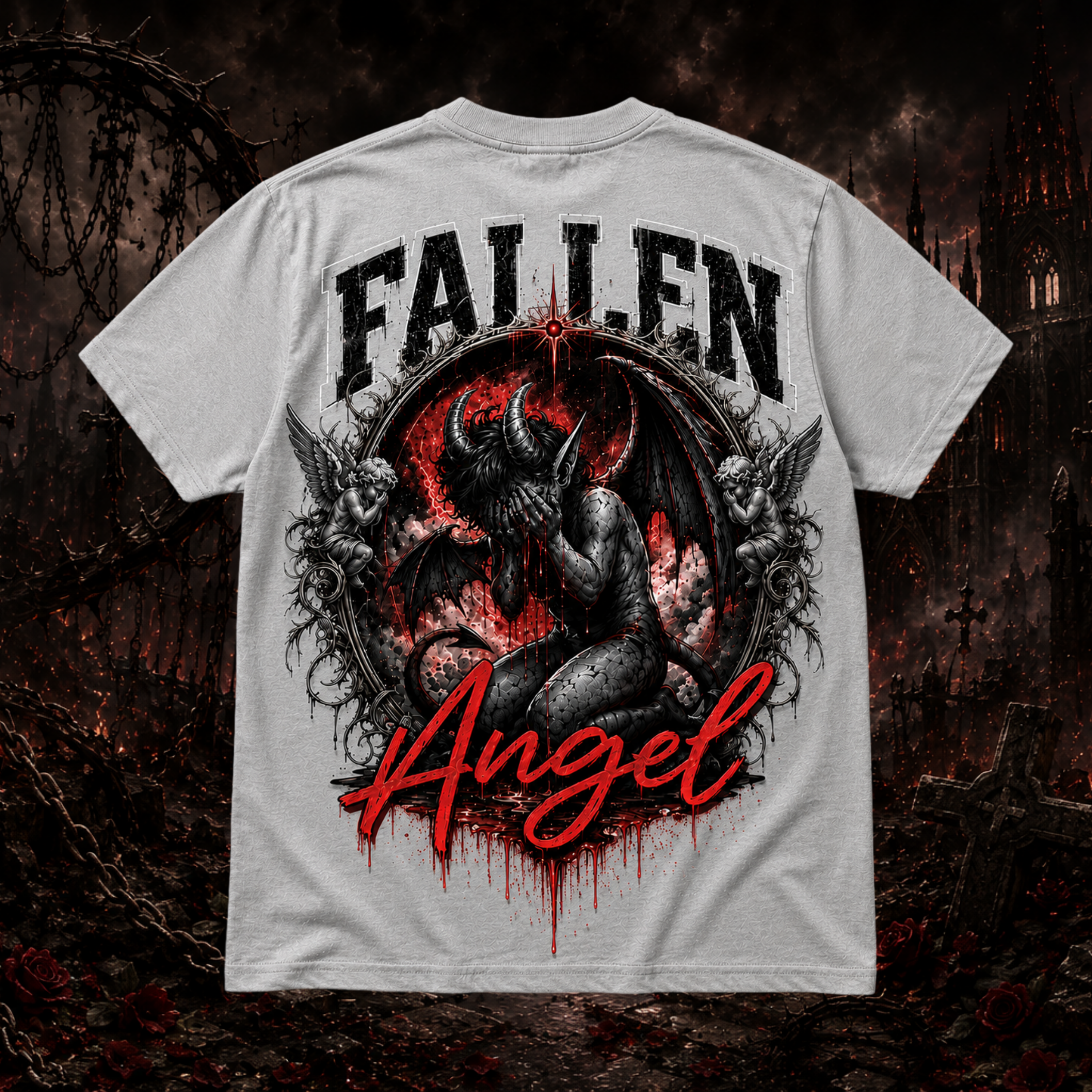 Unisex dark fantasy Fallen Angel graphic T-shirt by Faithful Designs featuring a silver demon-themed design on a streetwear shirt.