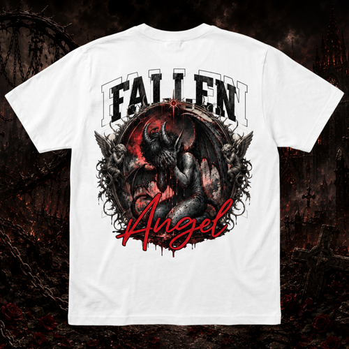 White t-shirt with 'Fallen Angel' graphic design on a dark background