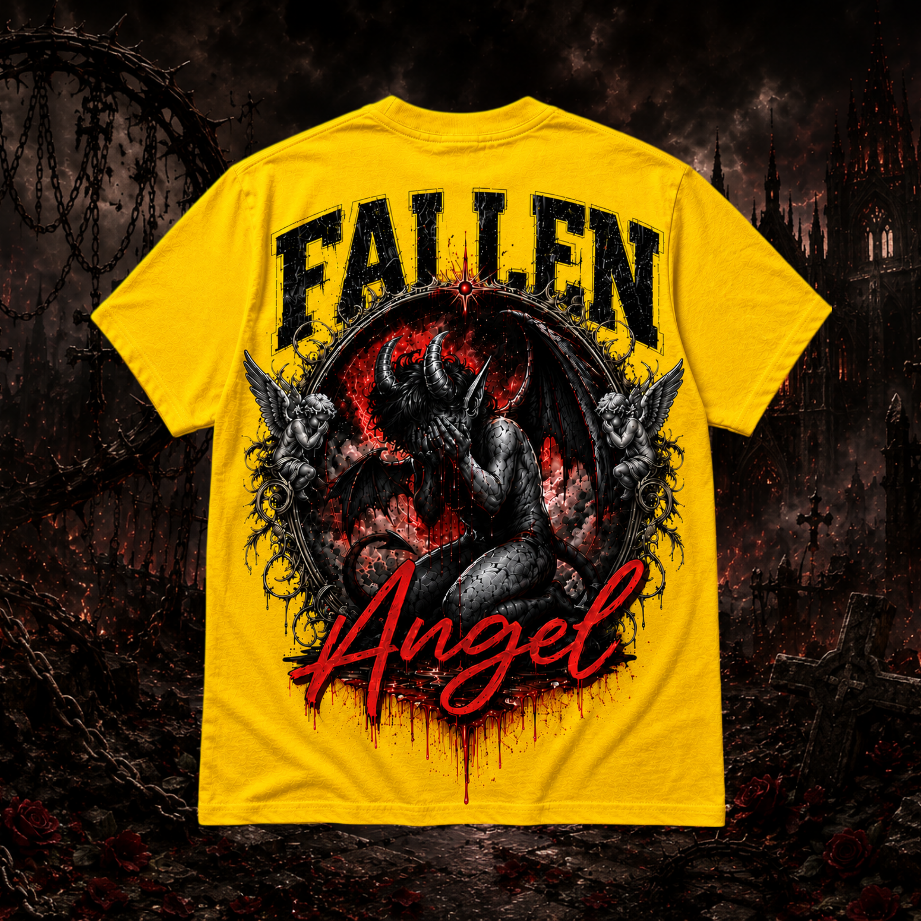 Yellow Fallen Angel graphic T-shirt by Faithful Designs featuring dark fantasy demon streetwear style.