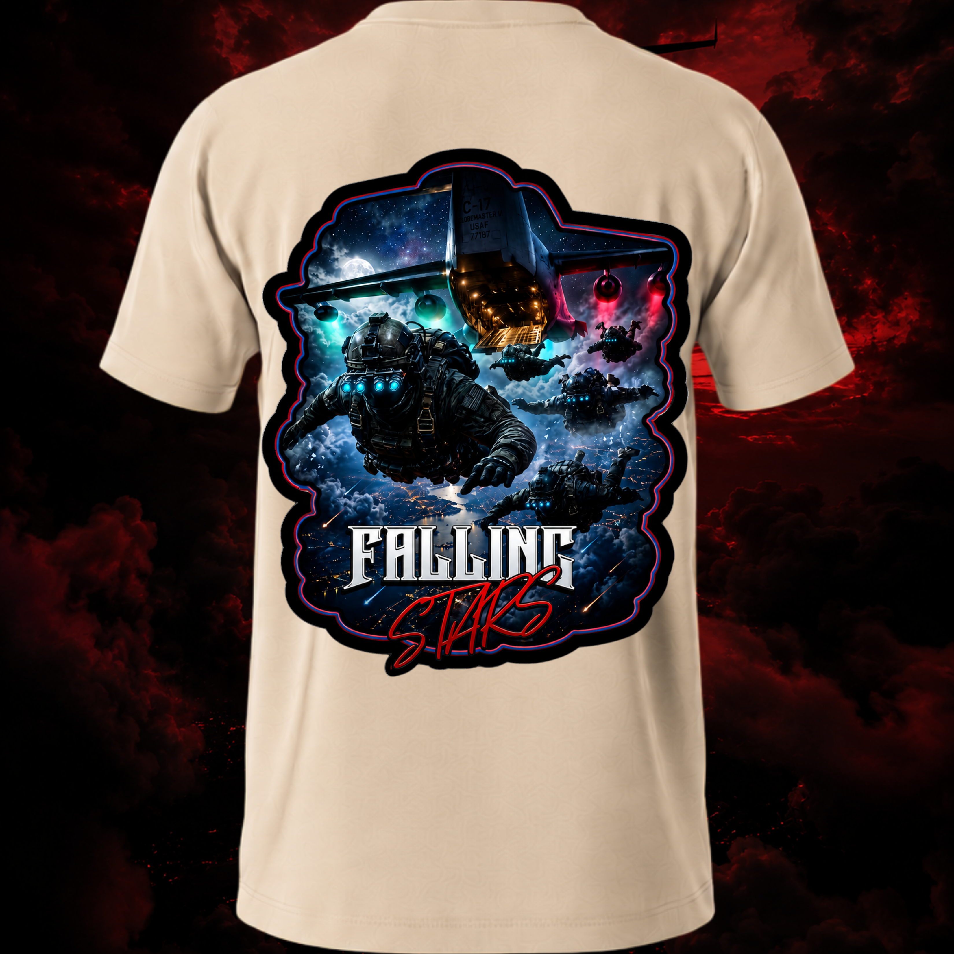 Beige Falling Stars Tactical Paratrooper shirt by Faithful Designs featuring airborne military graphic on the back.