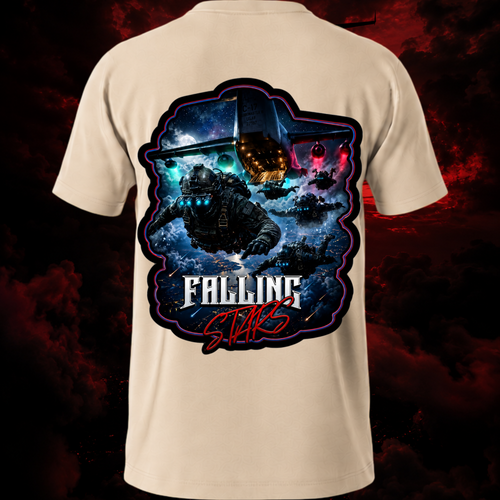 Beige Falling Stars Tactical Paratrooper shirt by Faithful Designs featuring airborne military graphic on the back.