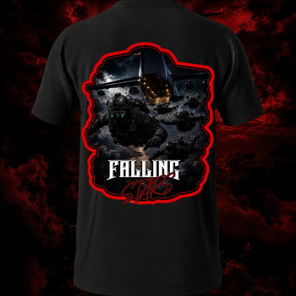 Black Falling Stars Tactical Paratrooper shirt by Faithful Designs featuring military-inspired airborne graphic on the back.