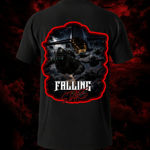 Black Falling Stars Tactical Paratrooper shirt by Faithful Designs featuring military-inspired airborne graphic on the back.