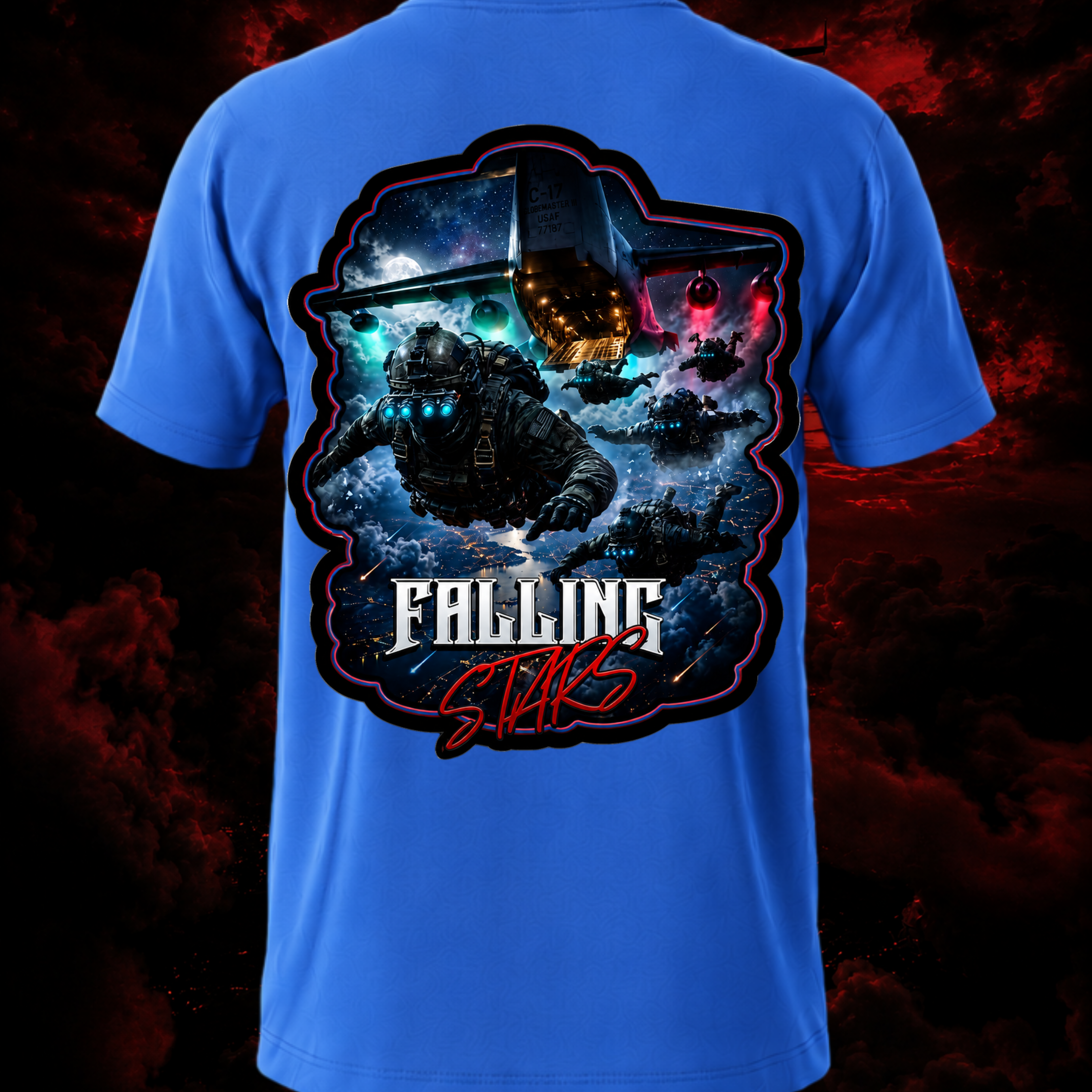 Back view of Faithful Designs Falling Stars tactical paratrooper shirt featuring airborne military graphic in blue streetwear style.