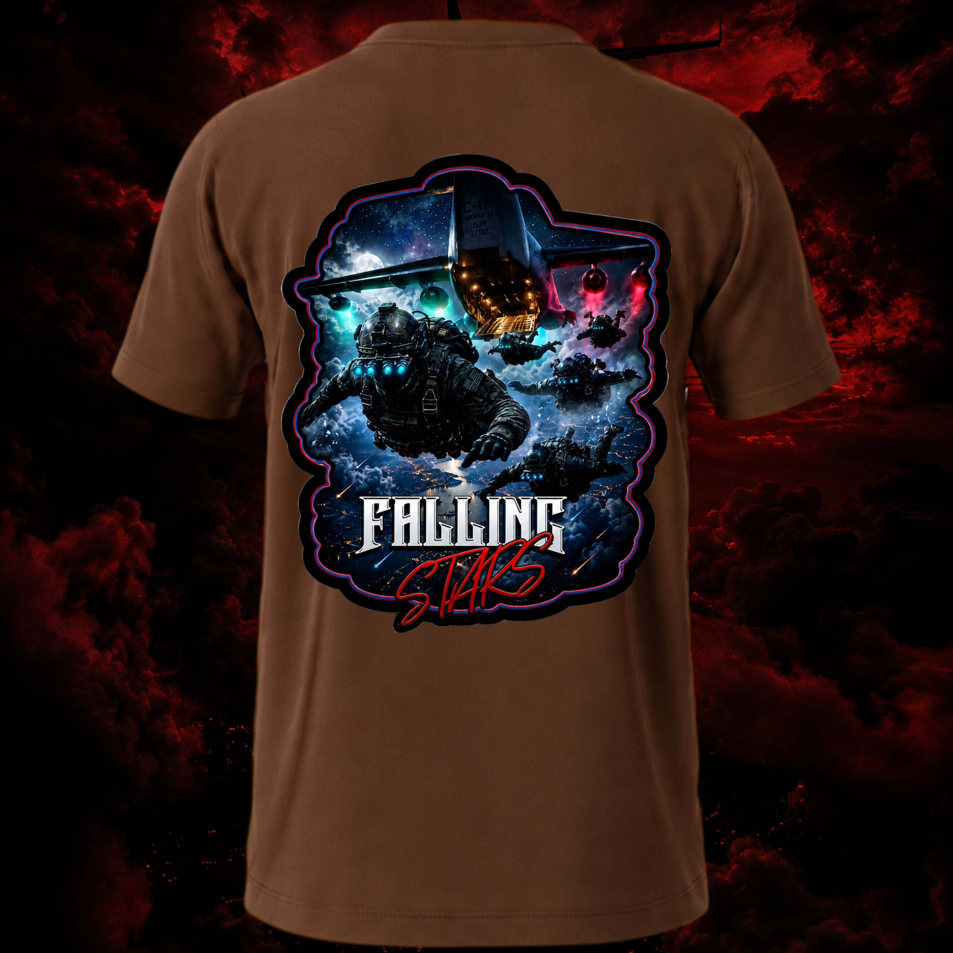 Falling Stars brown tactical paratrooper shirt by Faithful Designs featuring airborne military graphic and special forces-inspired streetwear.