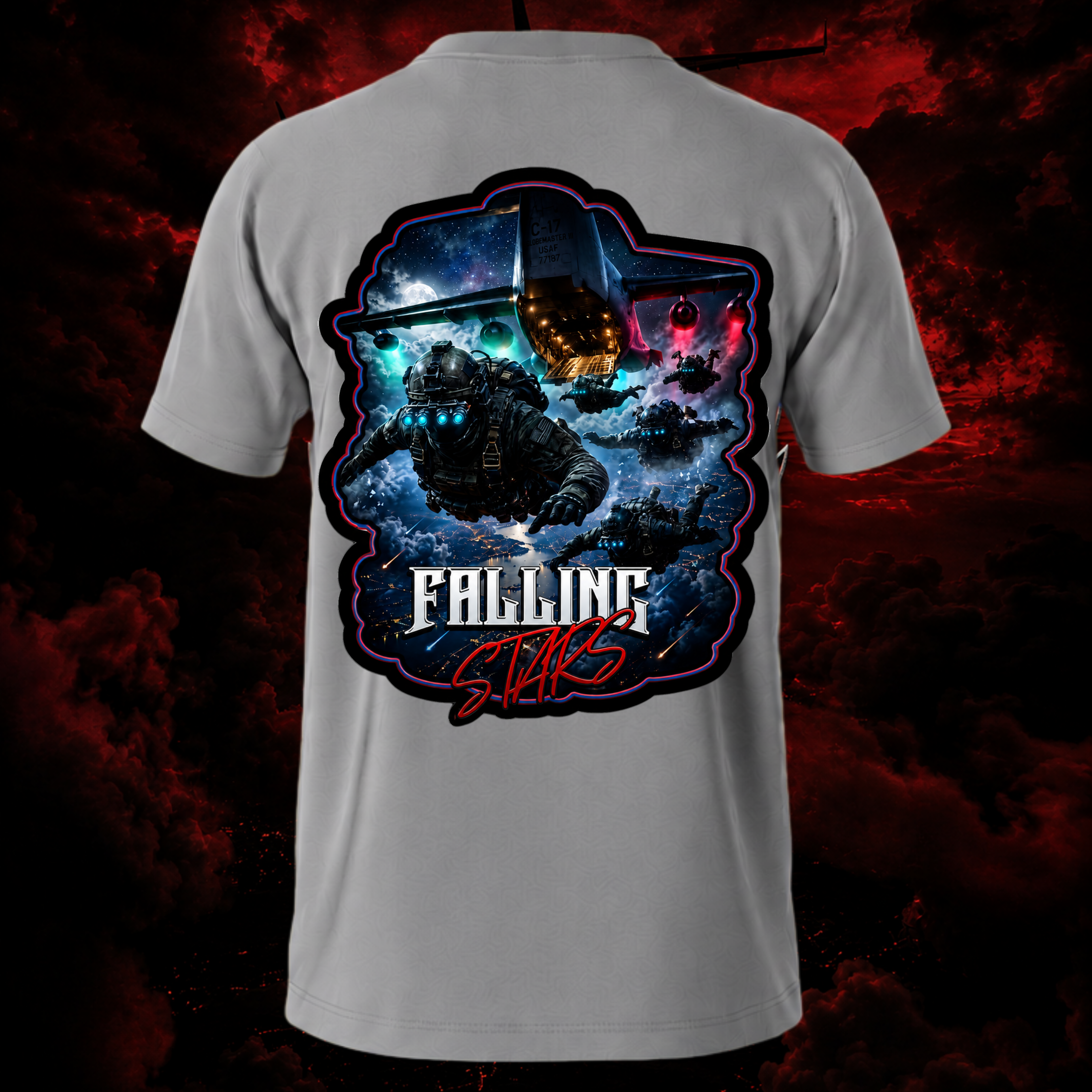 Gray Falling Stars Tactical Paratrooper shirt featuring airborne military graphics and special forces-inspired streetwear design.