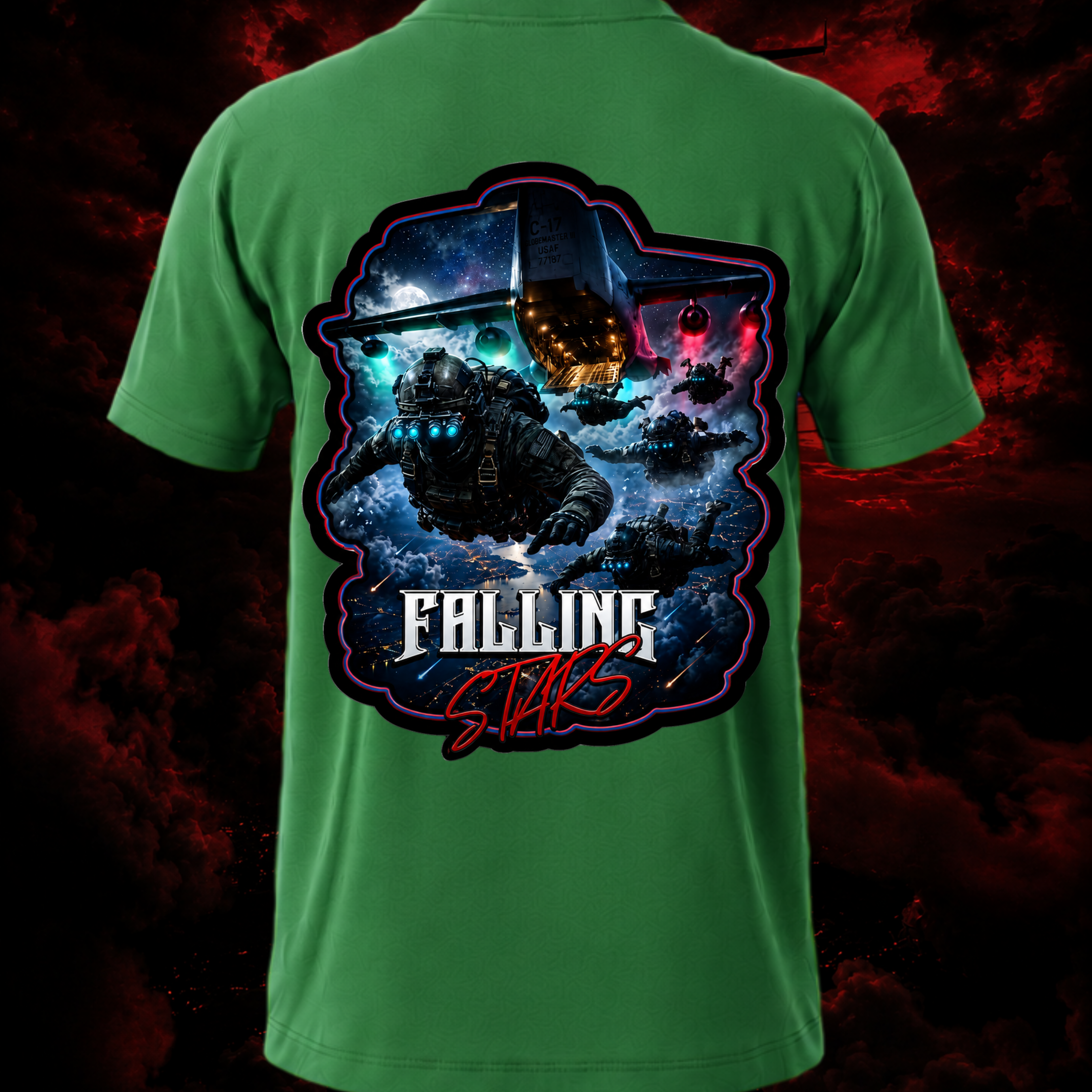 Green Falling Stars Tactical Paratrooper Shirt by Faithful Designs featuring airborne military graphic and special forces-inspired streetwear style.