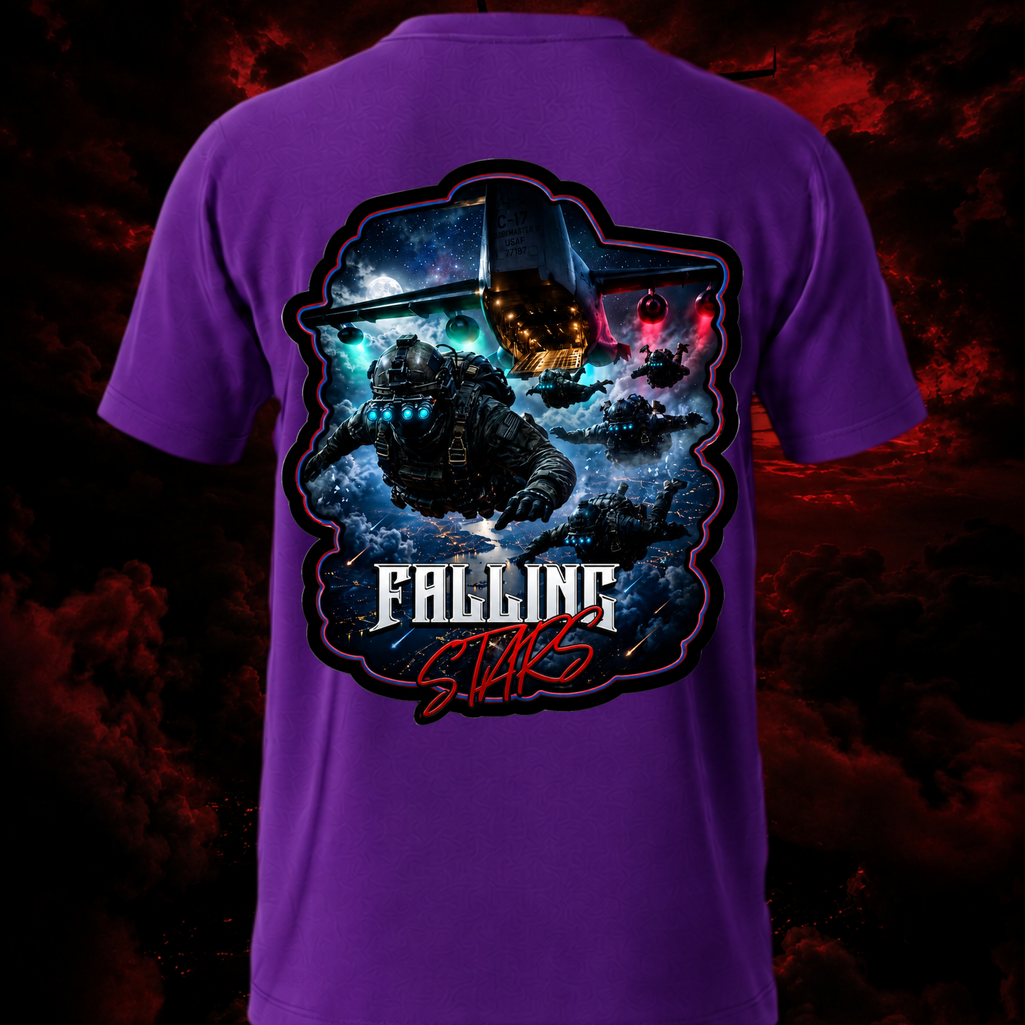 Purple tactical paratrooper shirt with falling stars graphic, military-inspired design, and bold streetwear style by Faithful Designs.