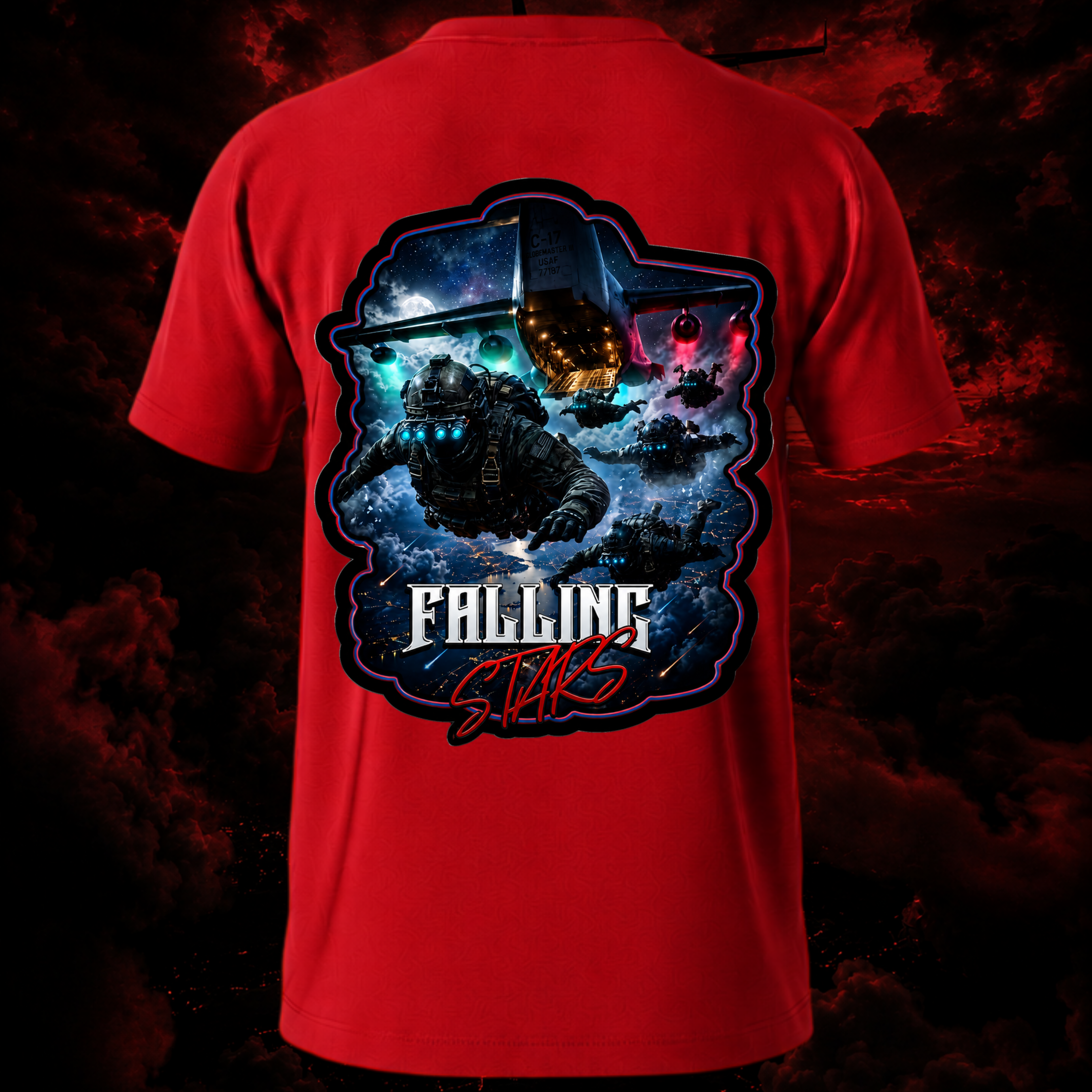 Red tactical paratrooper shirt with airborne military graphic and falling star design, inspired by special forces streetwear.