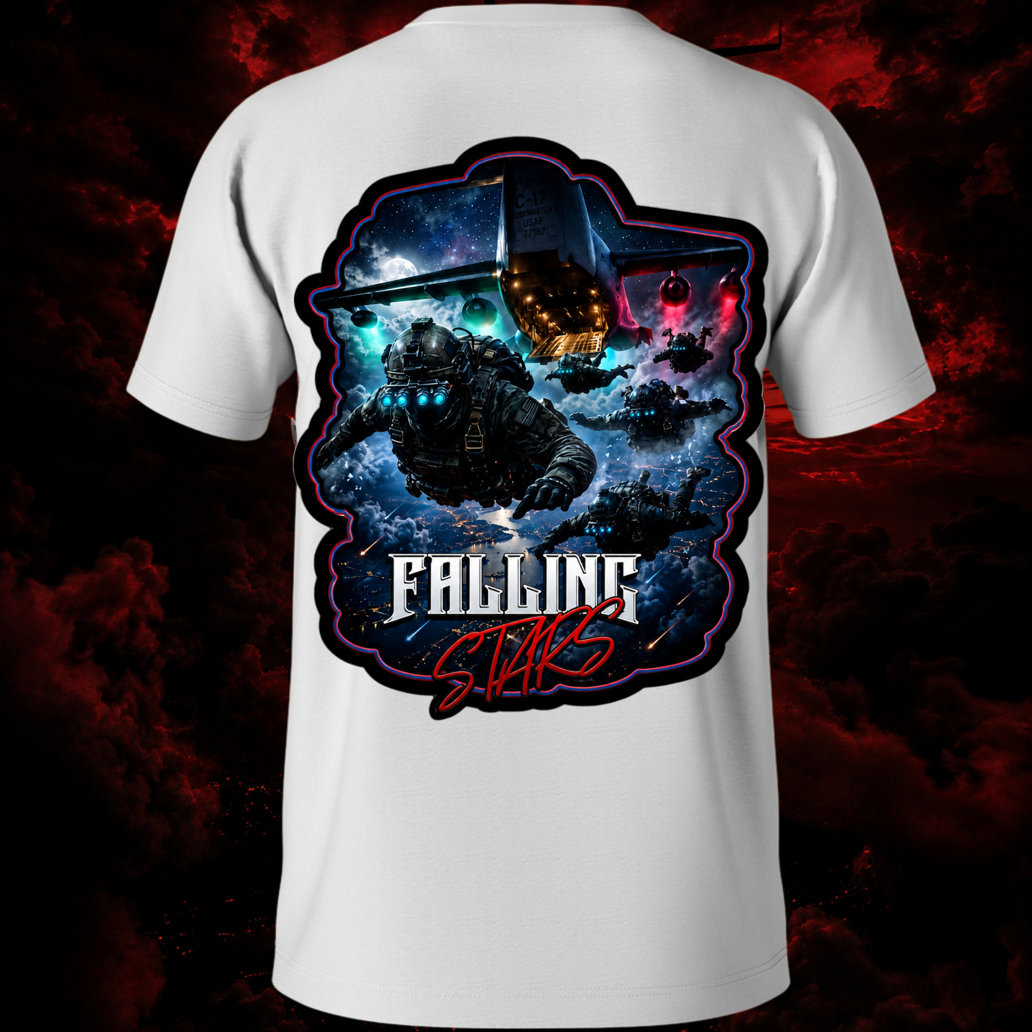 White Falling Stars tactical paratrooper shirt by Faithful Designs featuring airborne military graphic on the back.