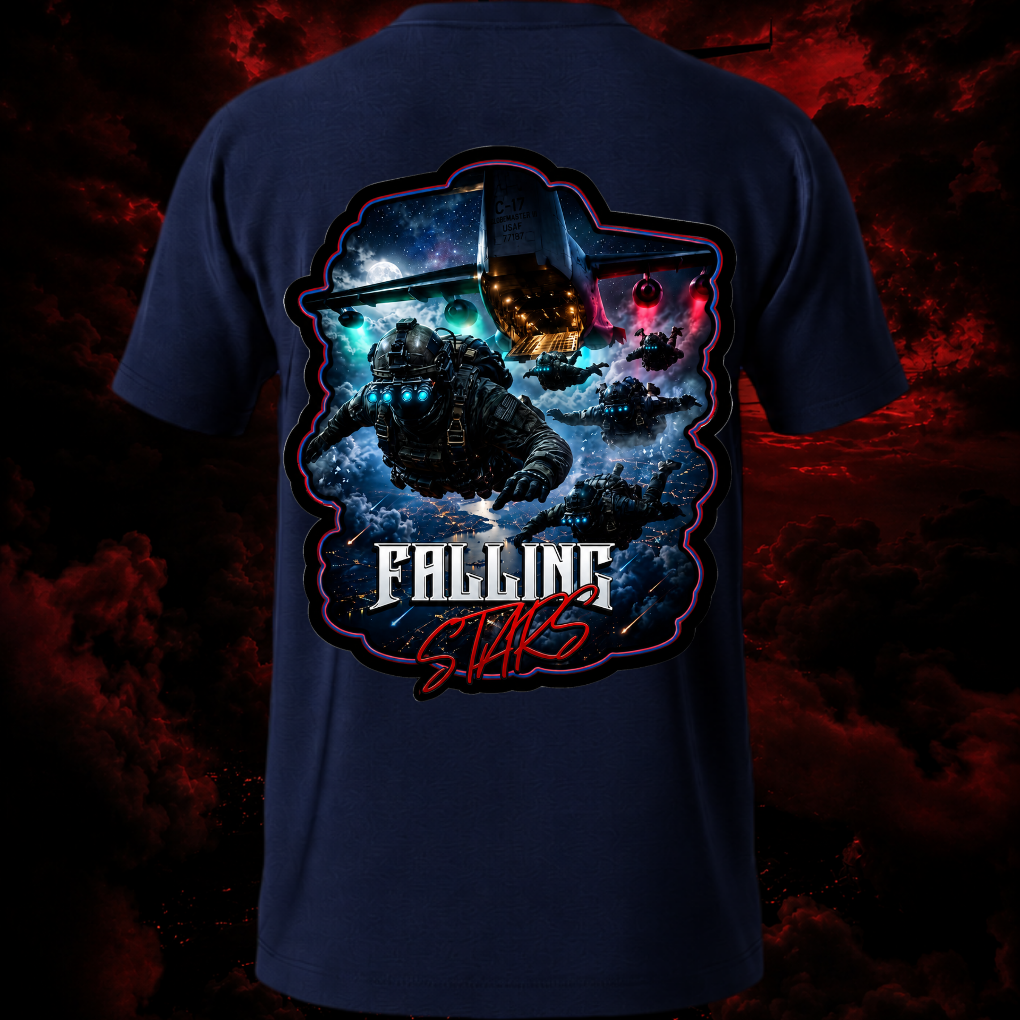 Navy tactical paratrooper shirt featuring Falling Stars and Airborne Military graphic design by Faithful Designs.