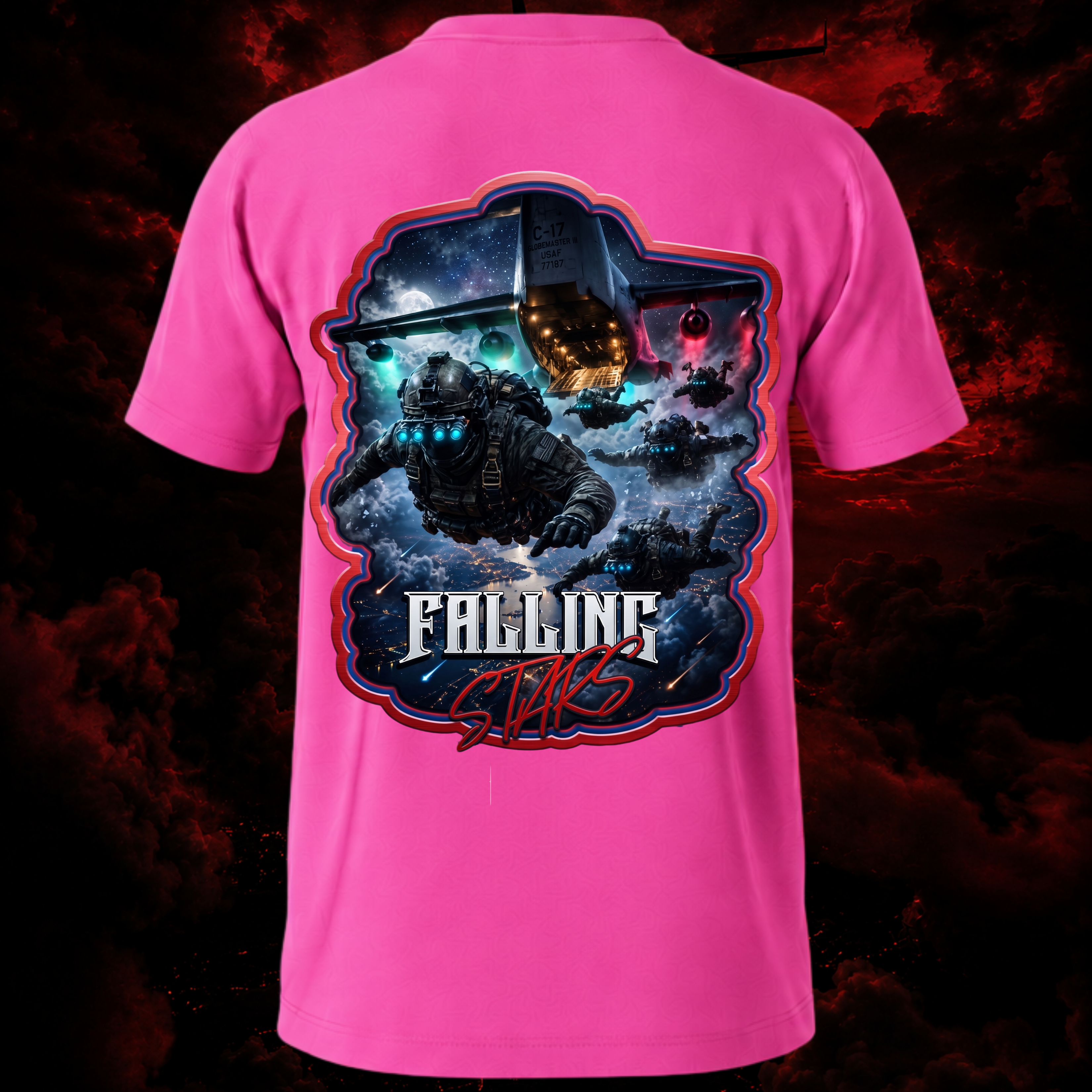 Pink Falling Stars Tactical Paratrooper Shirt by Faithful Designs featuring airborne military graphic and special forces-inspired streetwear style.