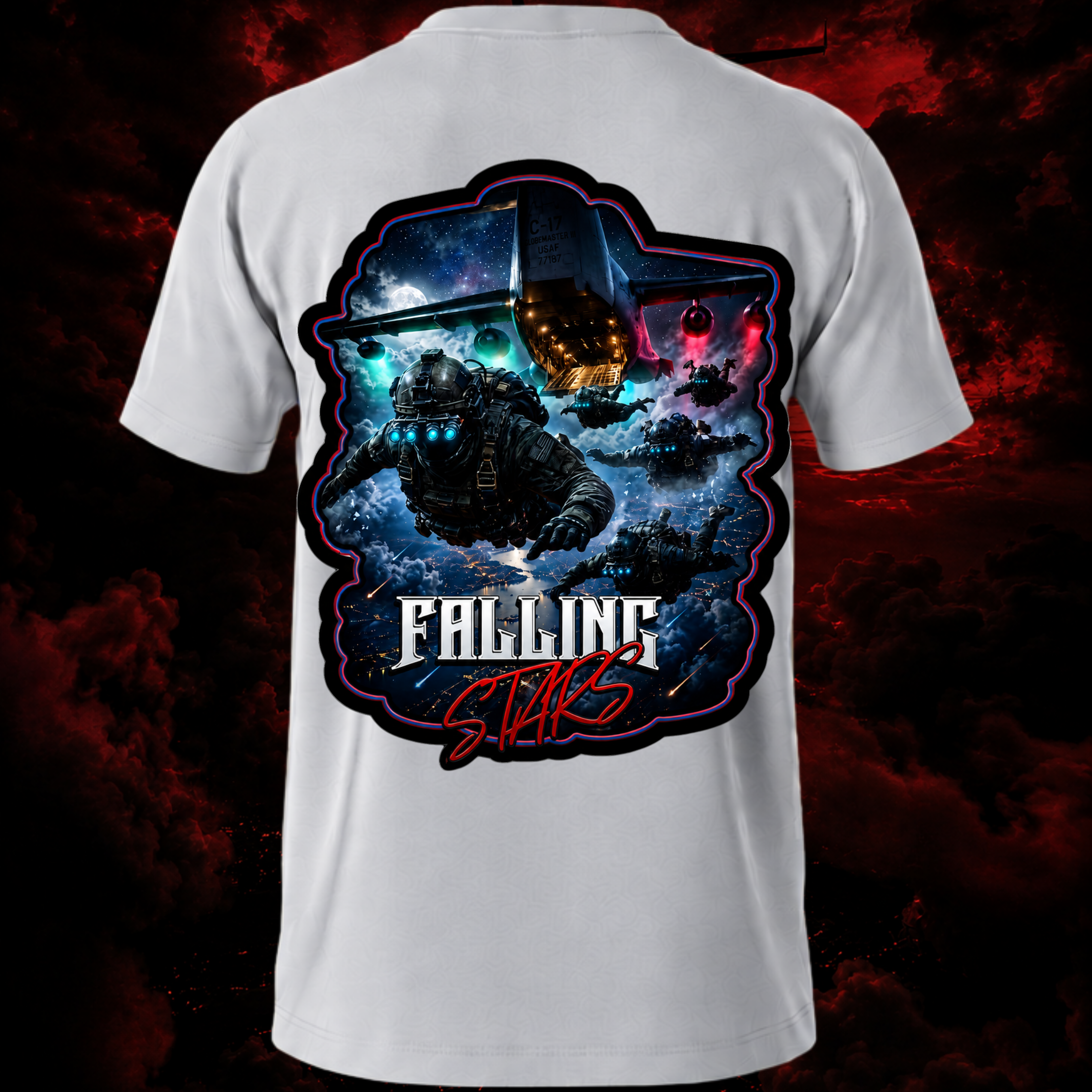 Silver Falling Stars Tactical Paratrooper shirt by Faithful Designs featuring airborne military graphic on the back.