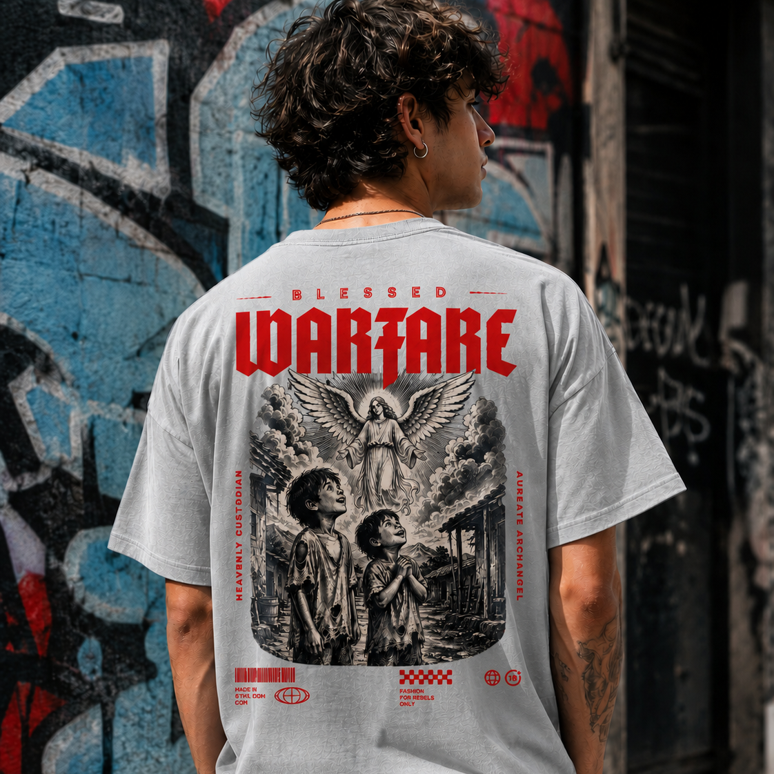 Silver guardian angel graphic T-shirt by Blessed Warfare featuring the "Protected by Grace" design on a comfortable tee.