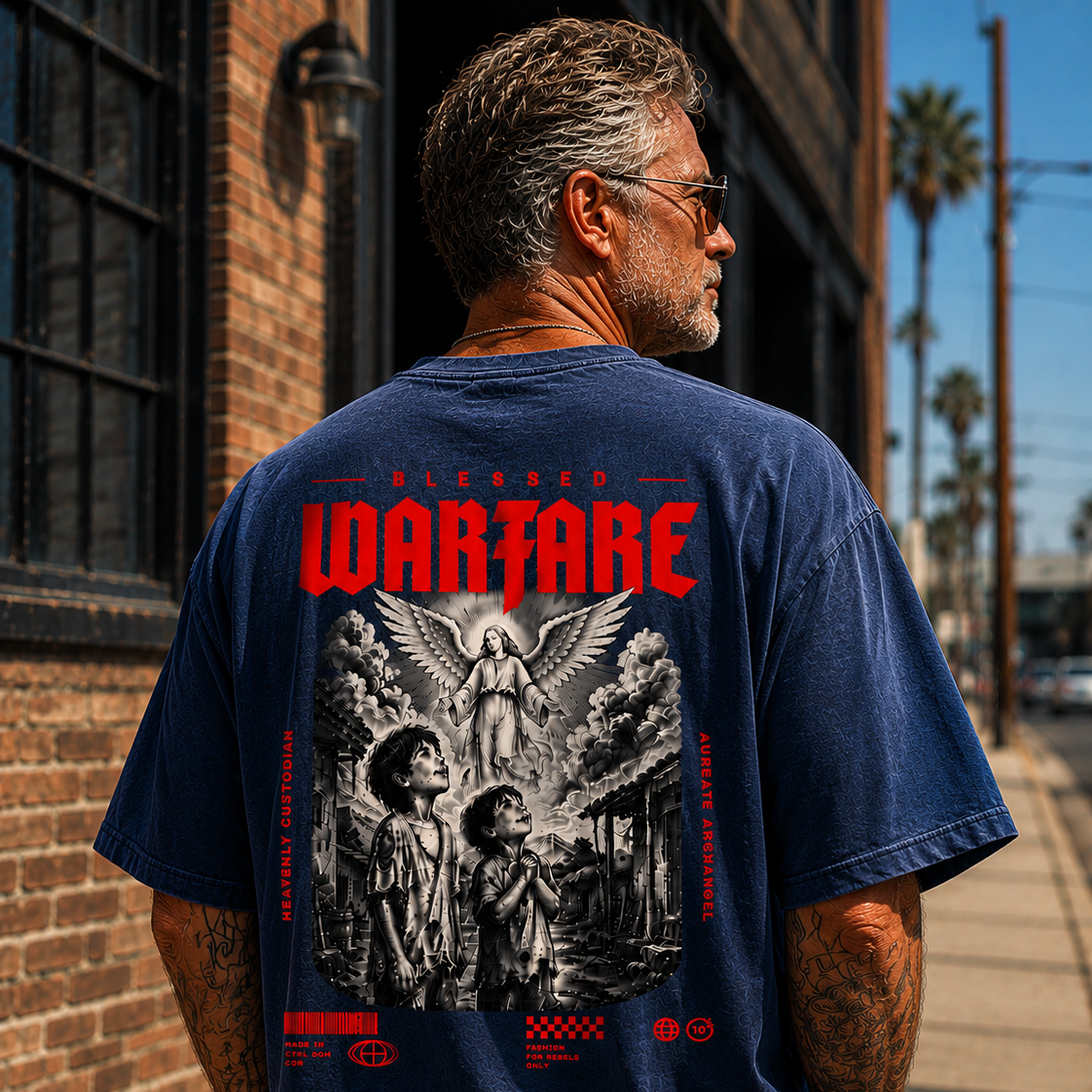 Blue Guardian Angel T-shirt from Blessed Warfare featuring a protective angel design on a comfortable graphic tee.