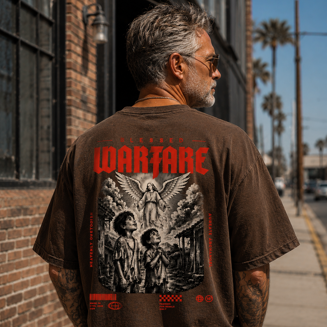 Blessed Warfare protected by grace T-shirt featuring a guardian angel graphic on a brown fabric.