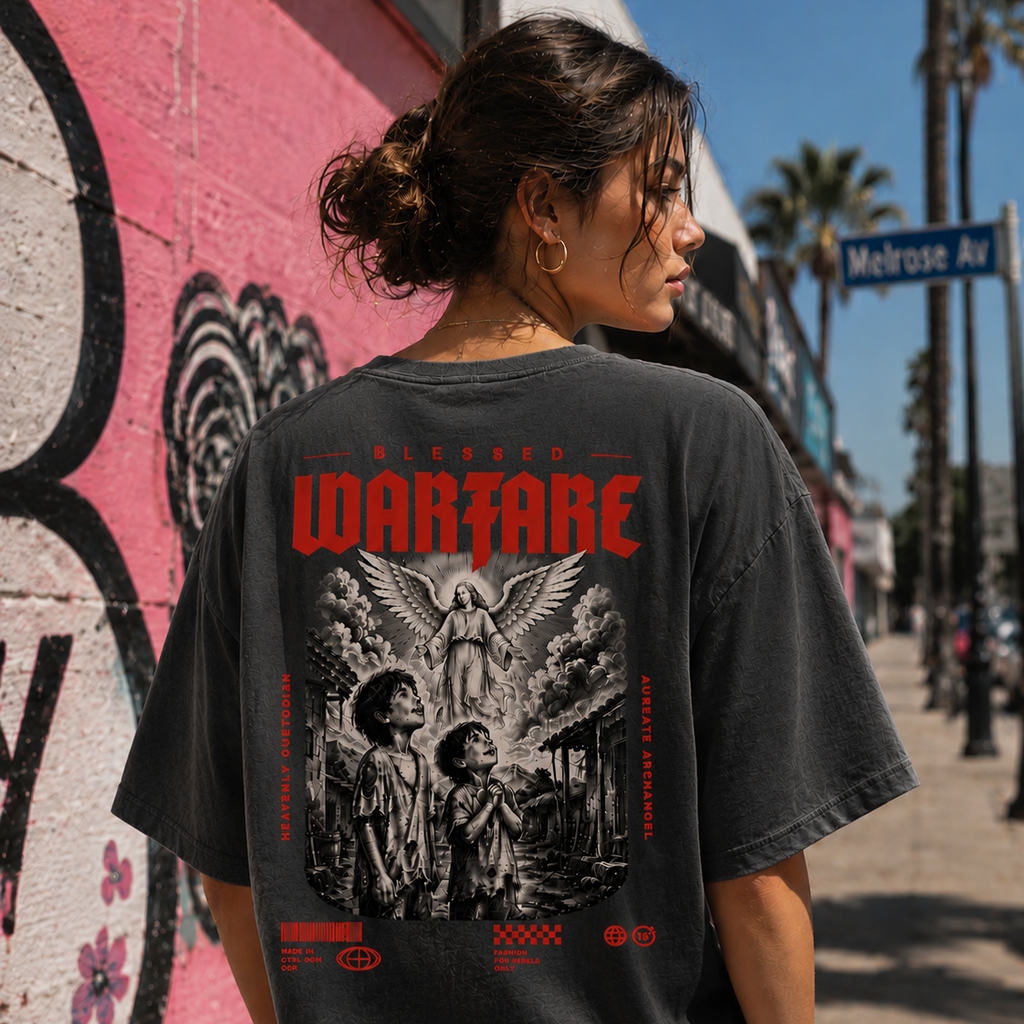 Dark gray Blessed Warfare T-shirt featuring a guardian angel design, symbolizing protection and grace for spiritual inspiration.